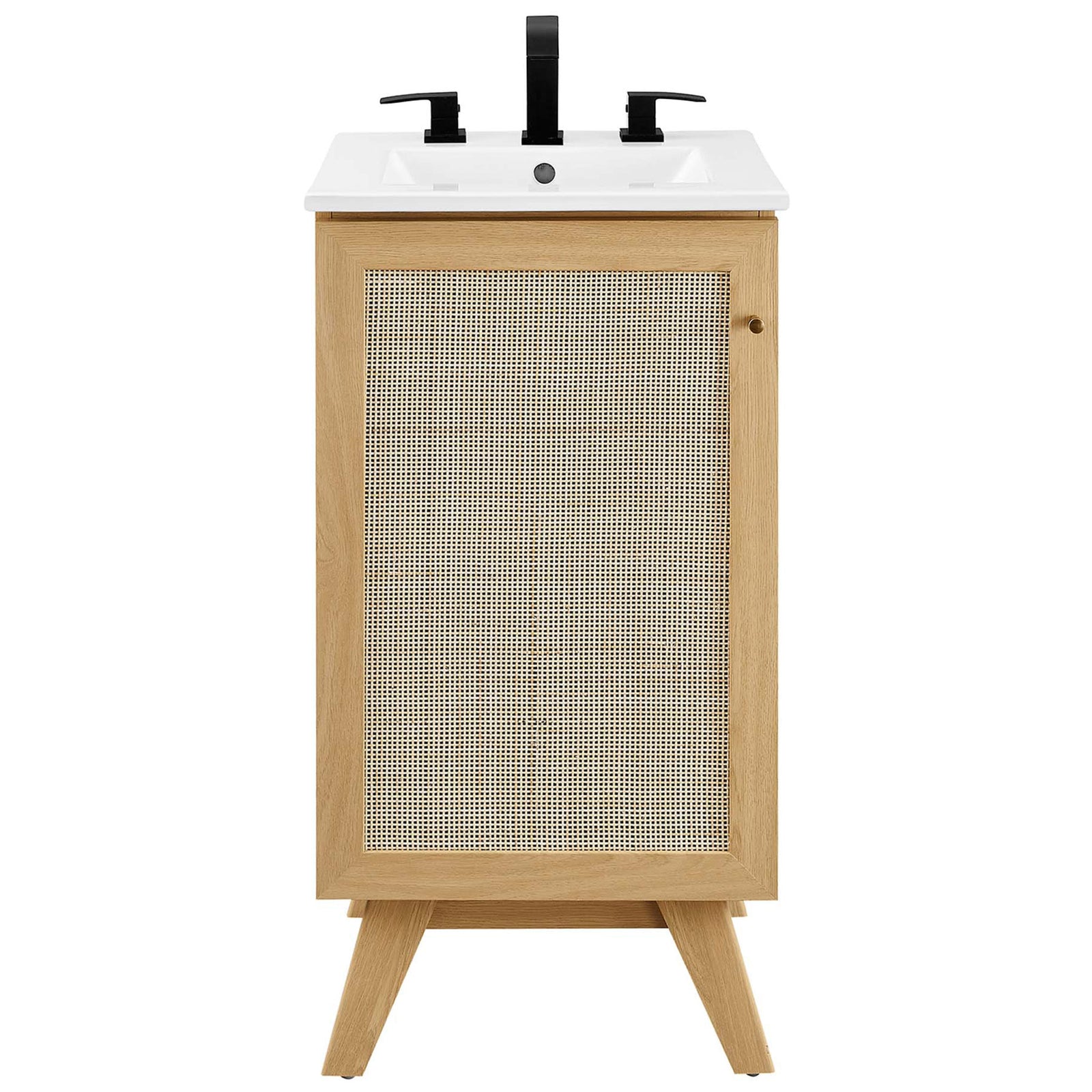 Clean front silhouette with woven door detail and integrated ceramic sink || EEI-6711-OAK-WHI || front_studio