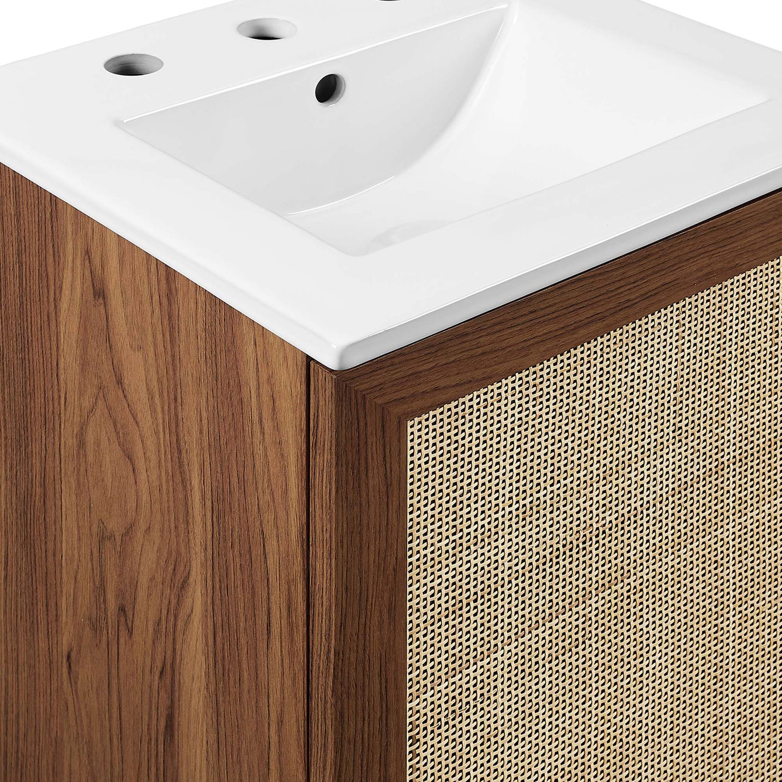 Crisp white ceramic pairs with walnut wood grain and airy rattan weave for organic warmth. || EEI-6711-WAL-WHI || detail_studio