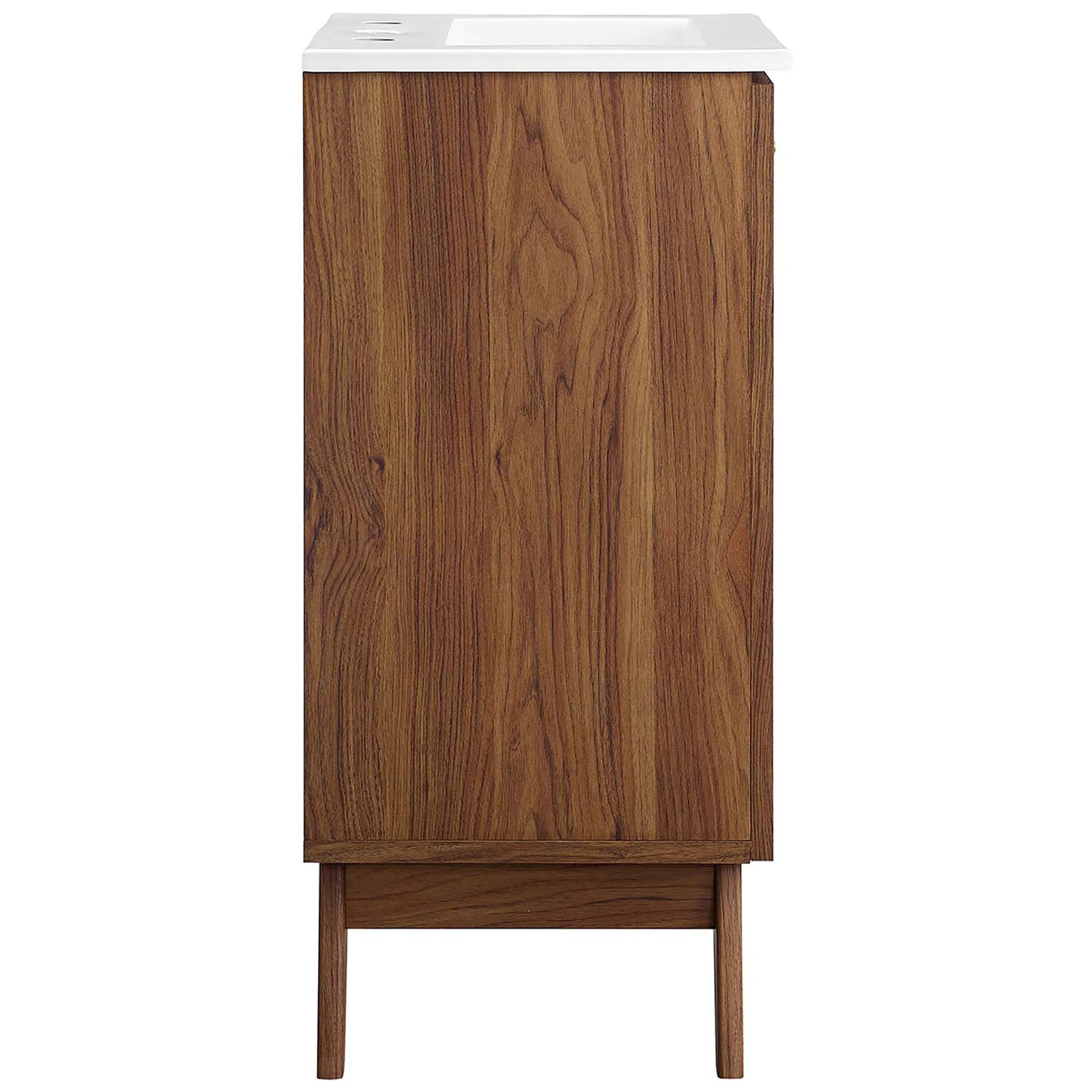 Walnut wood grain cabinet with splayed legs and a crisp white sink adds mid-century charm. || EEI-6711-WAL-WHI || side_studio