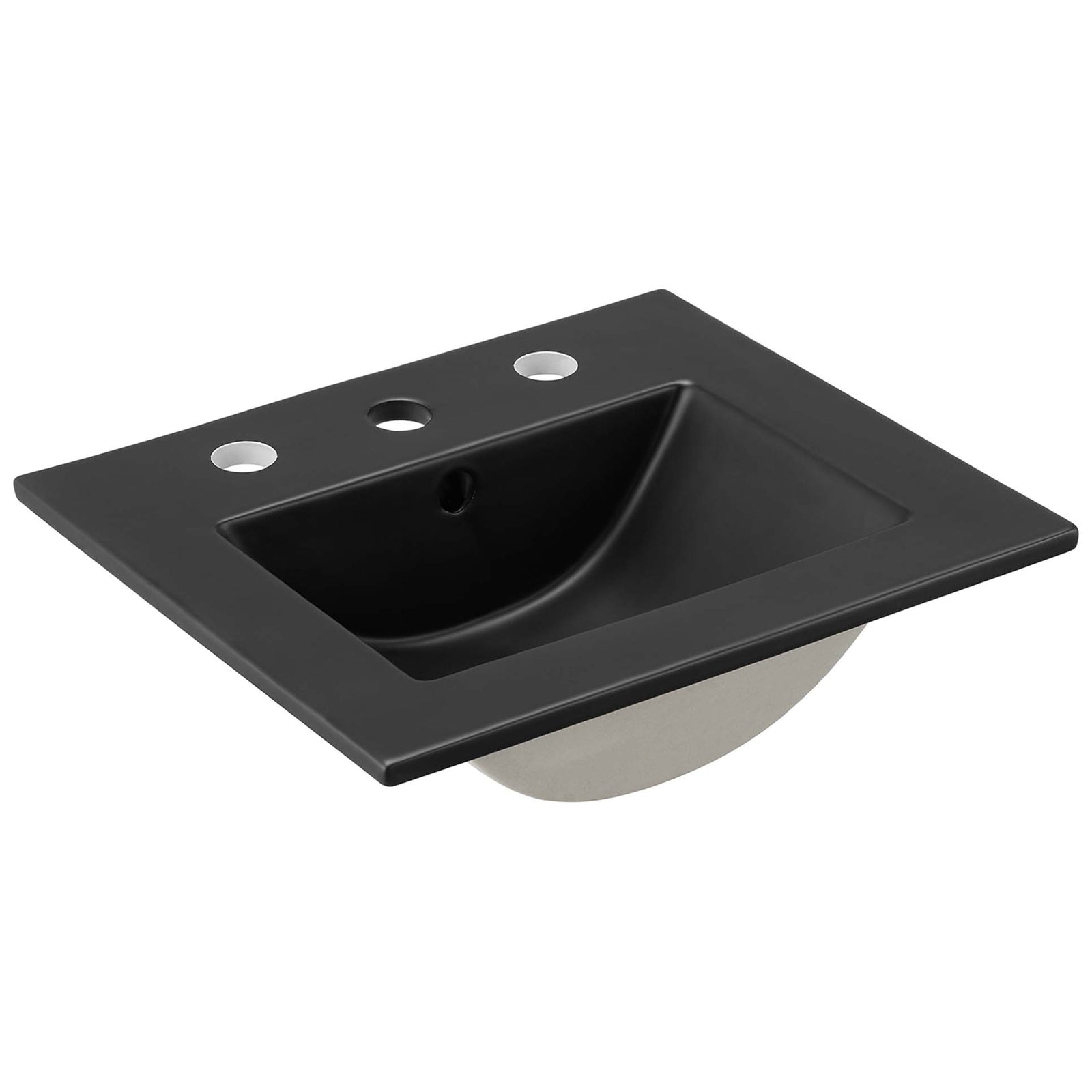 Black ceramic sink basin with 8-inch widespread faucet holes and an integrated countertop. || EEI-6711-WAL-WHI || front_angle_partial_studio