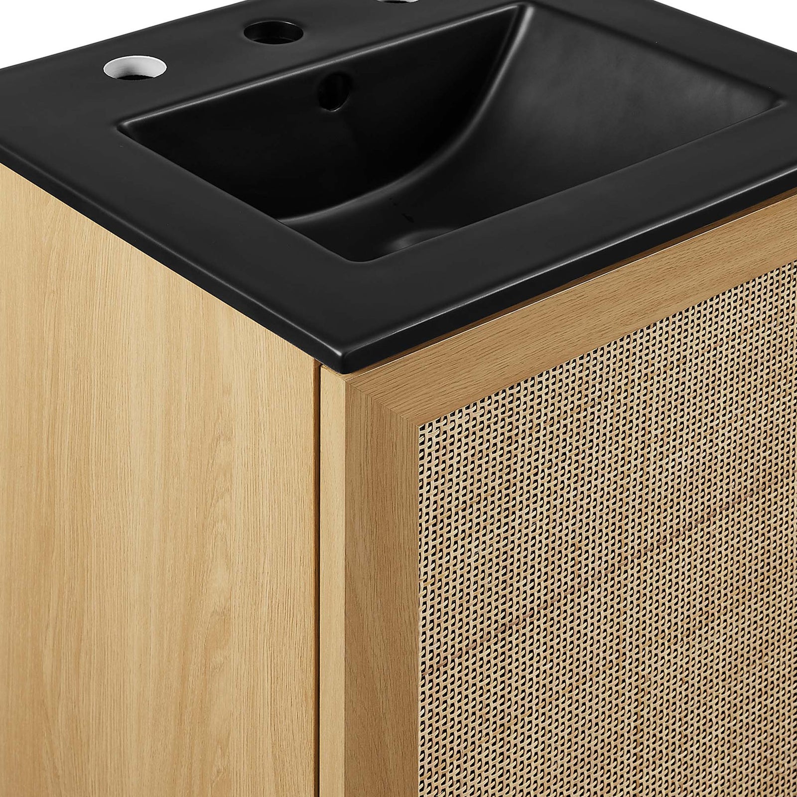 Rattan weave pairs with smooth black sink rim for a natural-meets-modern look || EEI-6712-OAK-BLK || detail_studio