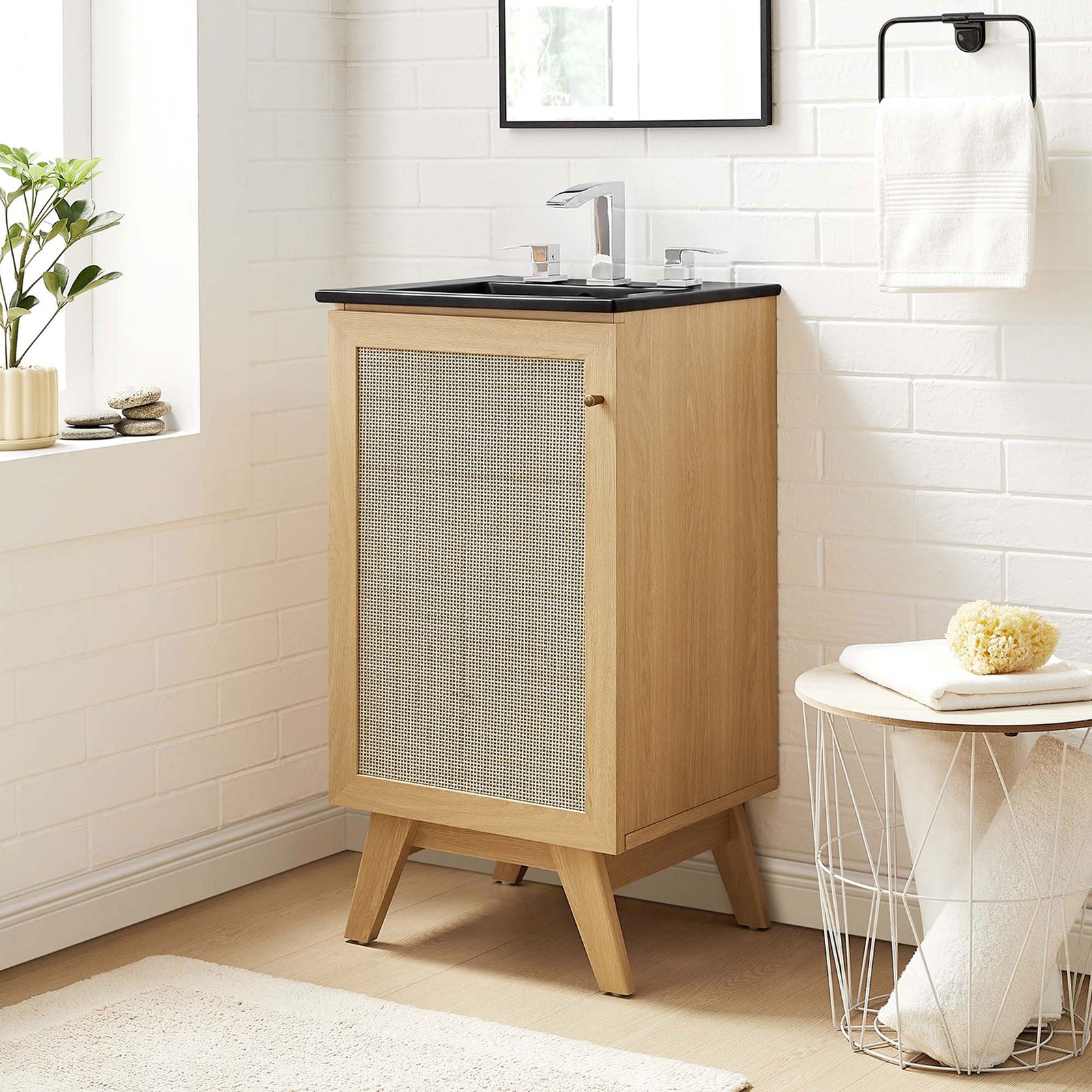 Oak vanity with black sink elevates a light, airy bath setting || EEI-6712-OAK-BLK || front_angle_room