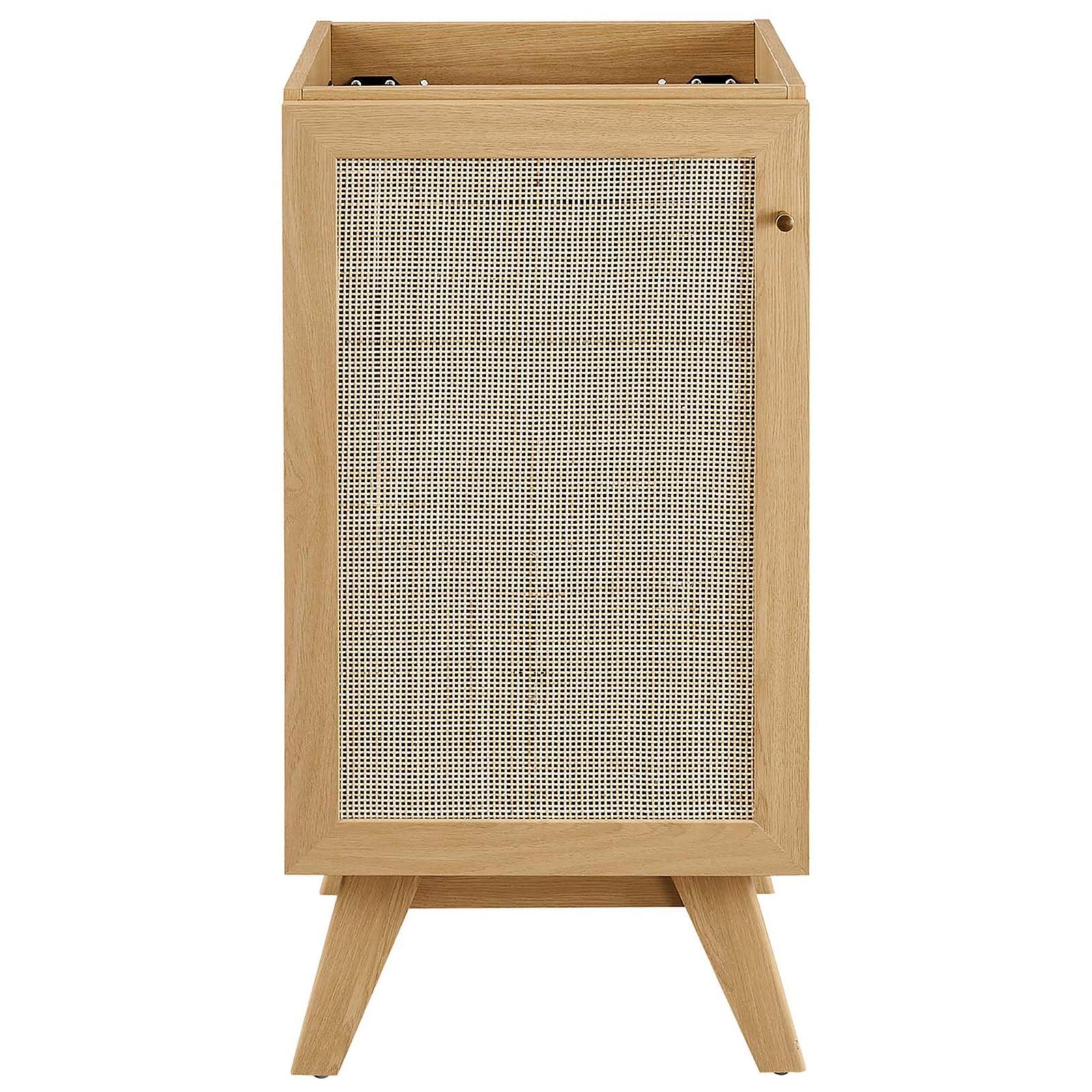 Cane door and oak frame deliver warm texture in a small-space cabinet || EEI-6712-OAK-BLK || front_partial_studio