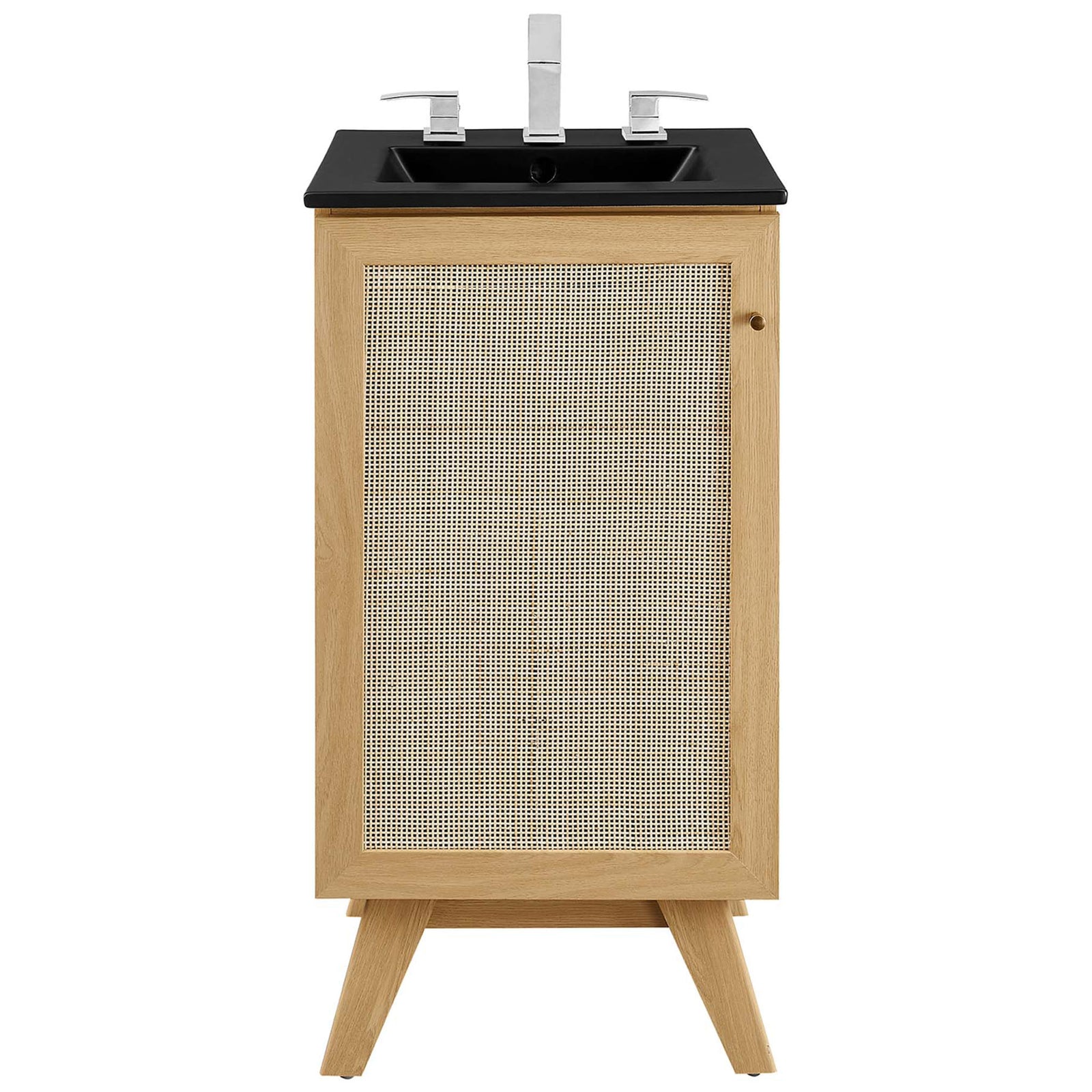 Cane-front oak vanity with black sink delivers crisp, modern contrast || EEI-6712-OAK-BLK || front_studio