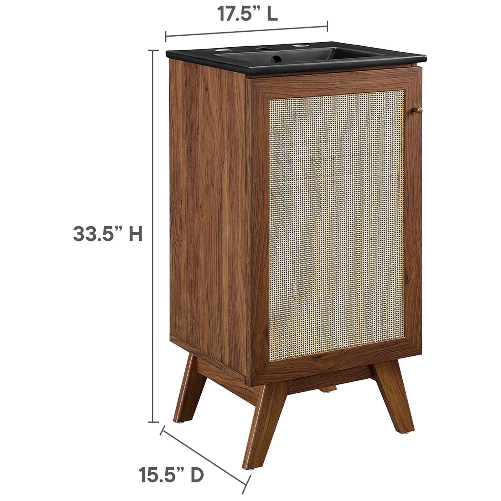 Size guide for the 18-inch vanity with sink: 17.5 in W x 15.5 in D x 33.5 in H || EEI-6712-WAL-BLK || dimension_studio