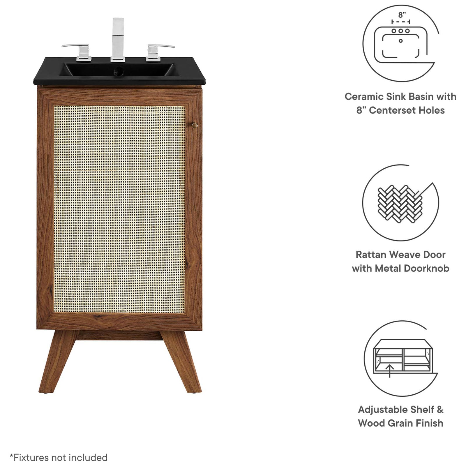 Feature callouts: black ceramic sink, cane rattan door with metal knob, adjustable shelf || EEI-6712-WAL-BLK || callout_studio