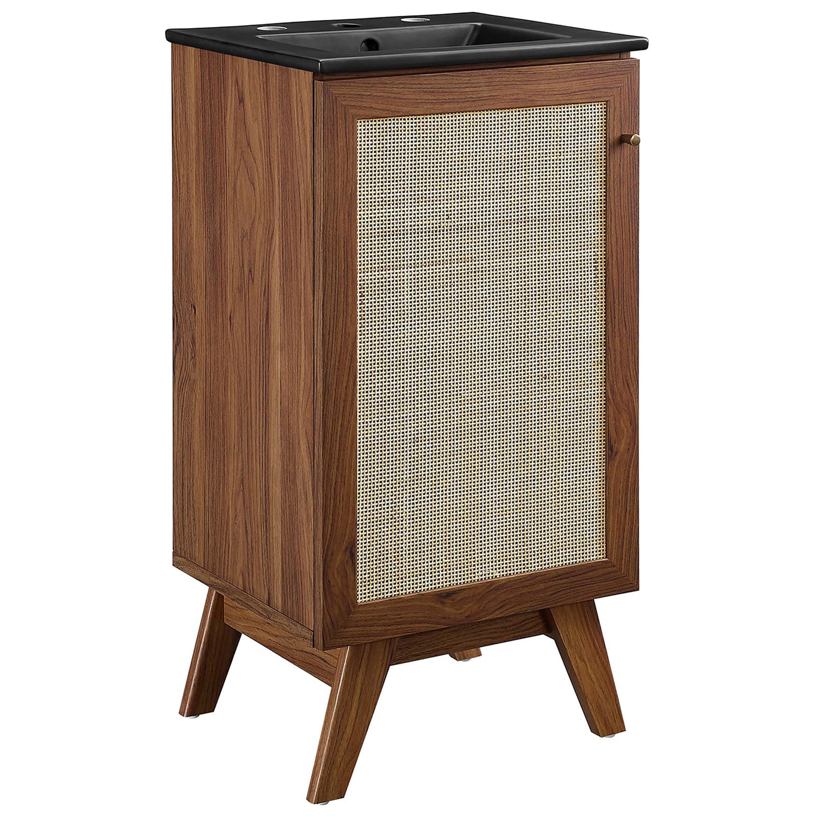 Walnut vanity with woven cane door, matte black sink, splayed legs, and a brushed gold knob || EEI-6712-WAL-BLK || front_angle_studio