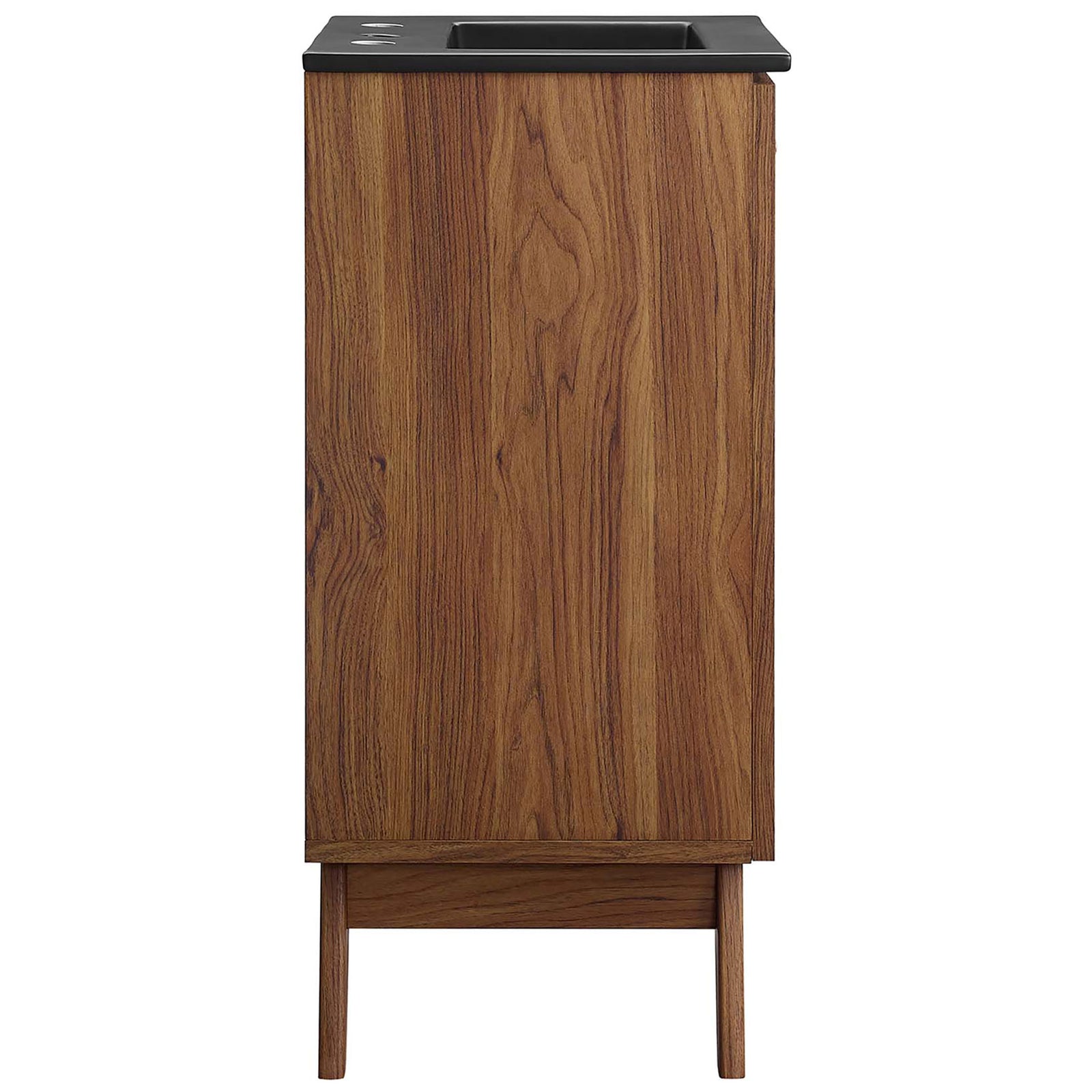 Sleek walnut side profile with wood grain detailing beneath a matte black ceramic sink || EEI-6712-WAL-BLK || side_studio