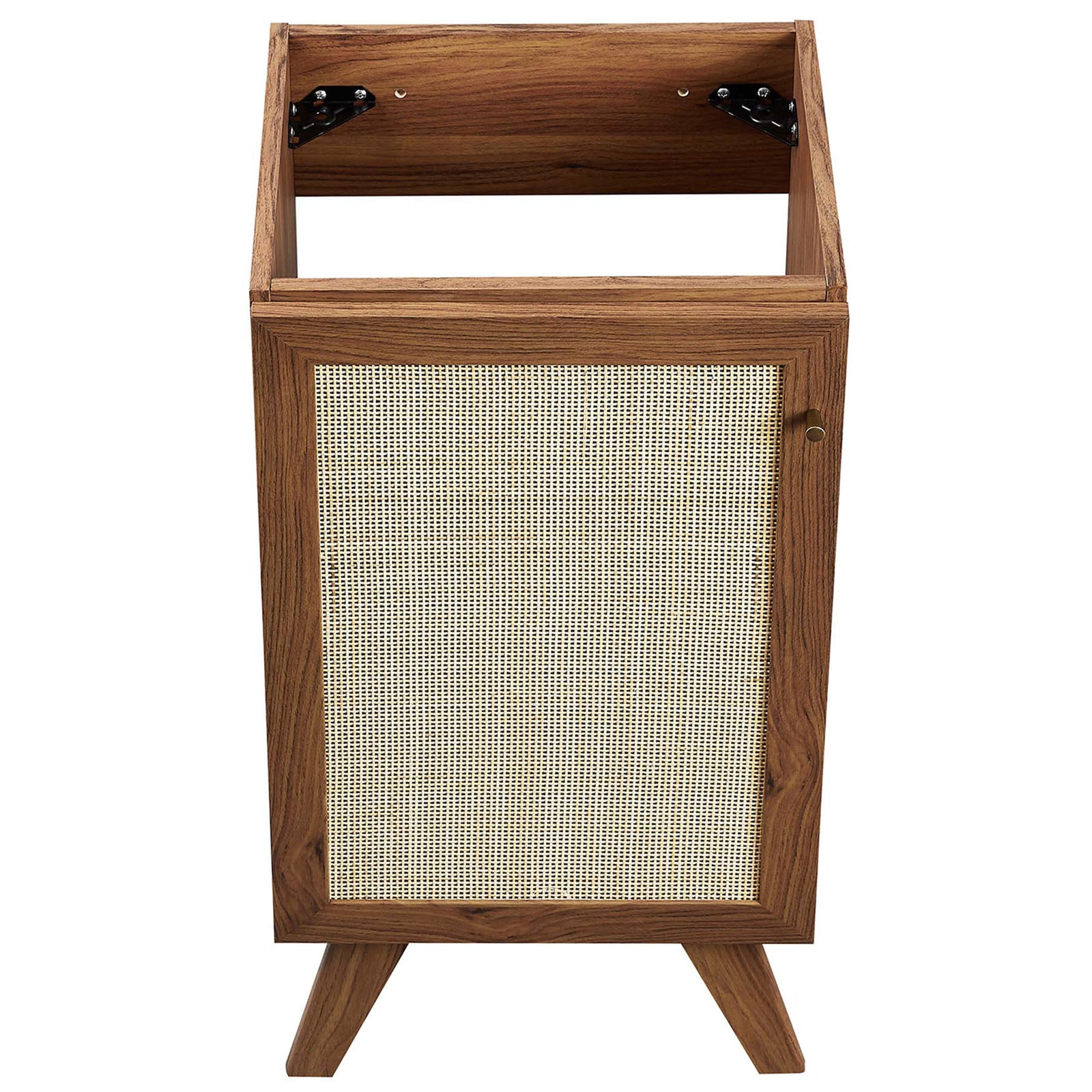 Walnut cabinet frame with hinge hardware and cane-front door, designed for easy sink installation || EEI-6712-WAL-BLK || top_partial_studio
