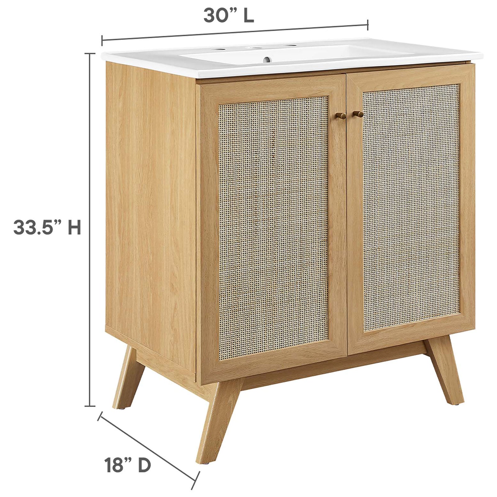 Sized 30 in. W x 33.5 in. H x 18 in. D for balanced storage and style. || EEI-6715-OAK-WHI || dimension_studio
