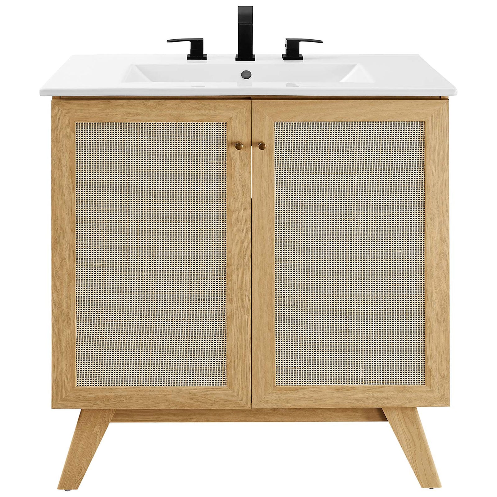 Cane-front doors and a gleaming ceramic sink create a light, airy bathroom centerpiece. || EEI-6715-OAK-WHI || front_studio