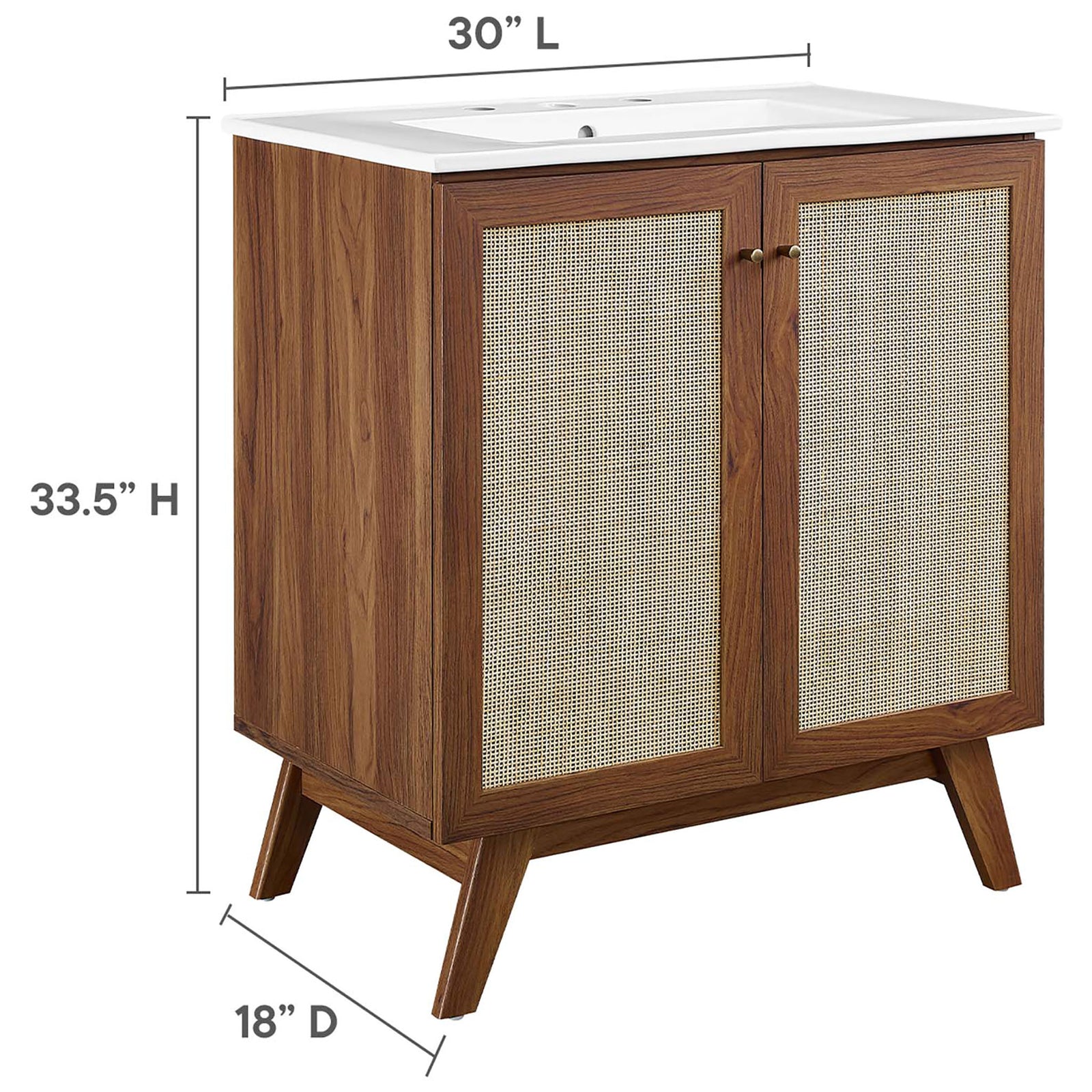 Compact 30-inch vanity with generous storage and space-saving 18-inch depth || EEI-6715-WAL-WHI || dimension_studio