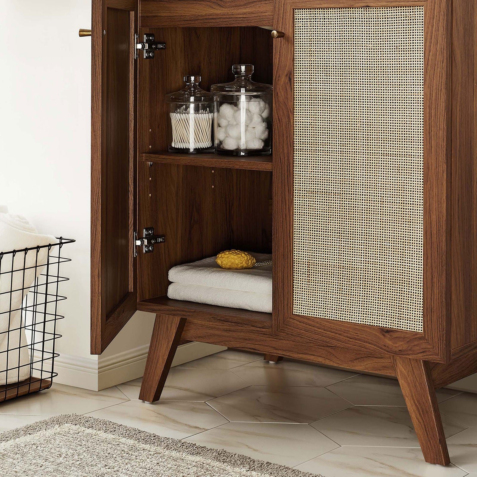 Two-door storage with adjustable shelf keeps towels and toiletries neatly organized || EEI-6715-WAL-WHI || storage_open_room