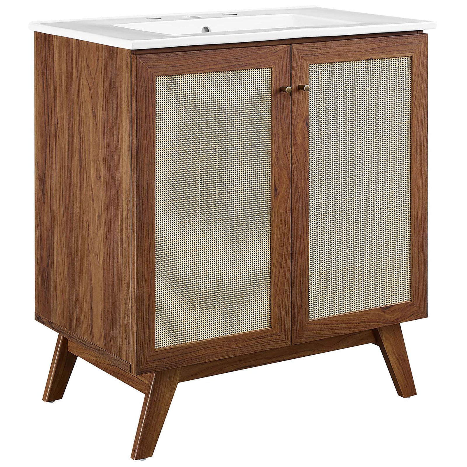 Walnut vanity with rattan doors, white ceramic sink, and mid-century splayed legs || EEI-6715-WAL-WHI || front_angle_studio