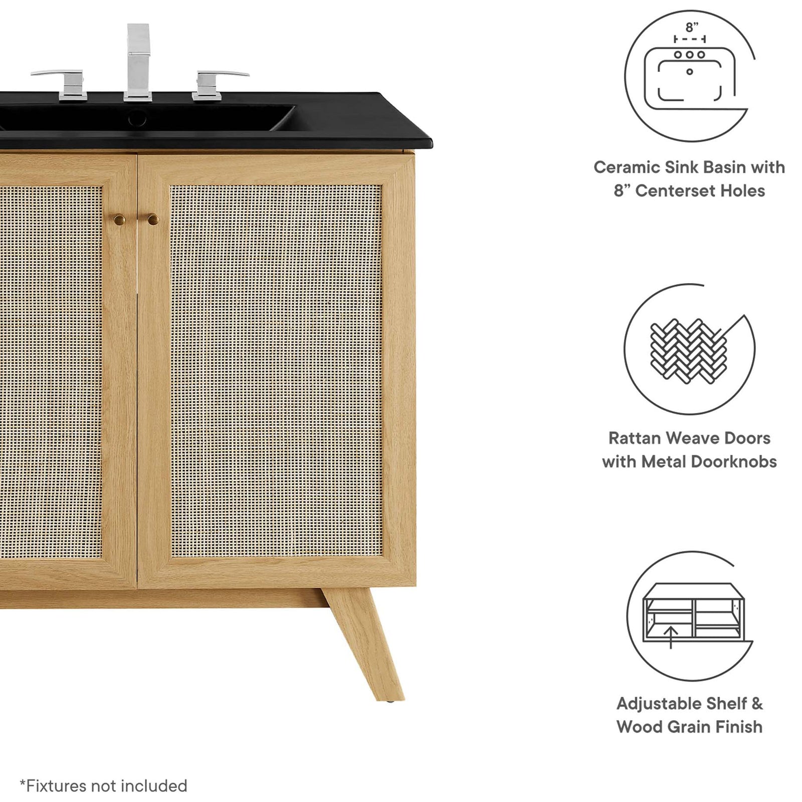 Thoughtful details: rattan weave doors, soft-close hinges, and a matte black sink top || EEI-6716-OAK-BLK || callout_studio
