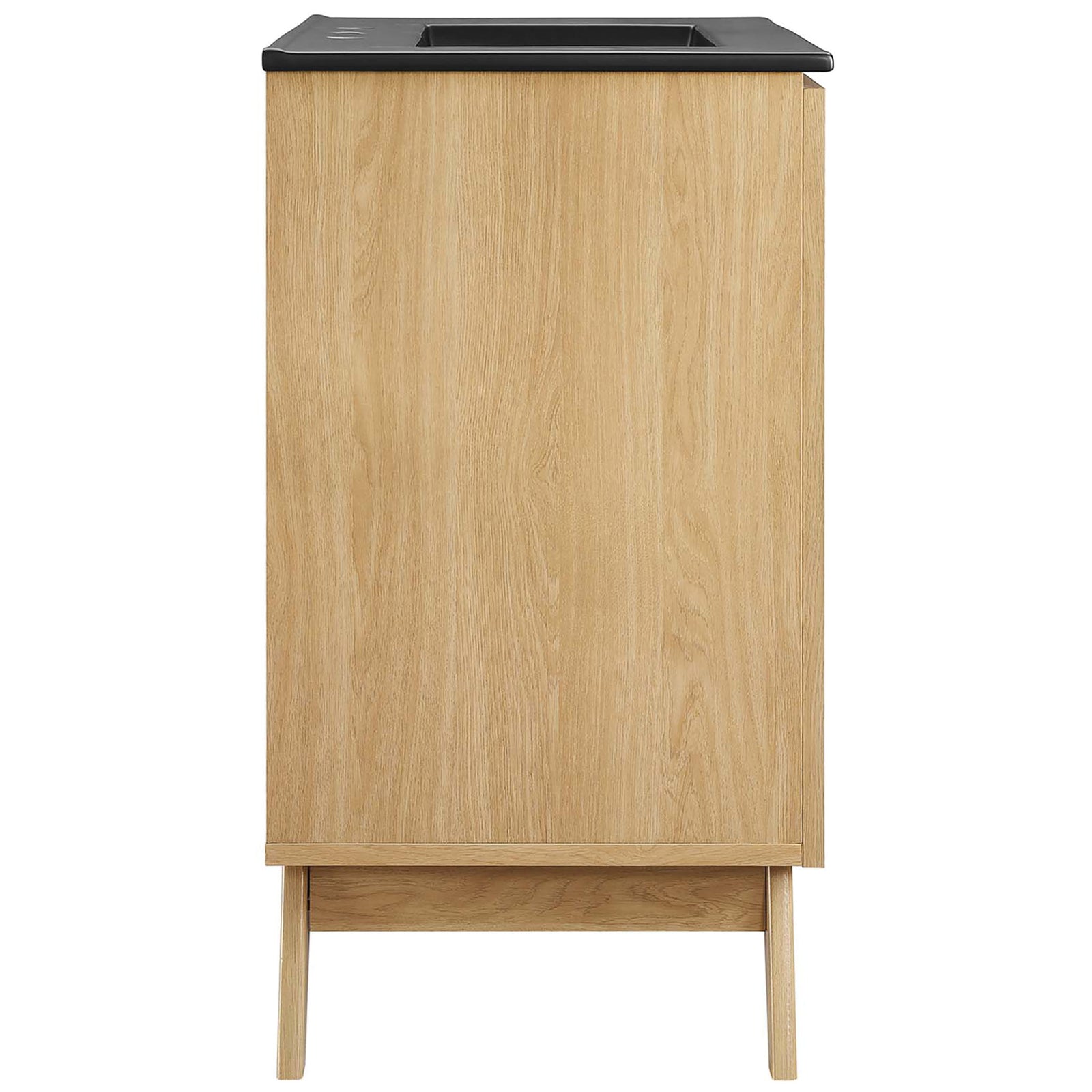Streamlined silhouette with splayed legs and smooth oak wood grain adds airy mid-century charm || EEI-6716-OAK-BLK || side_studio