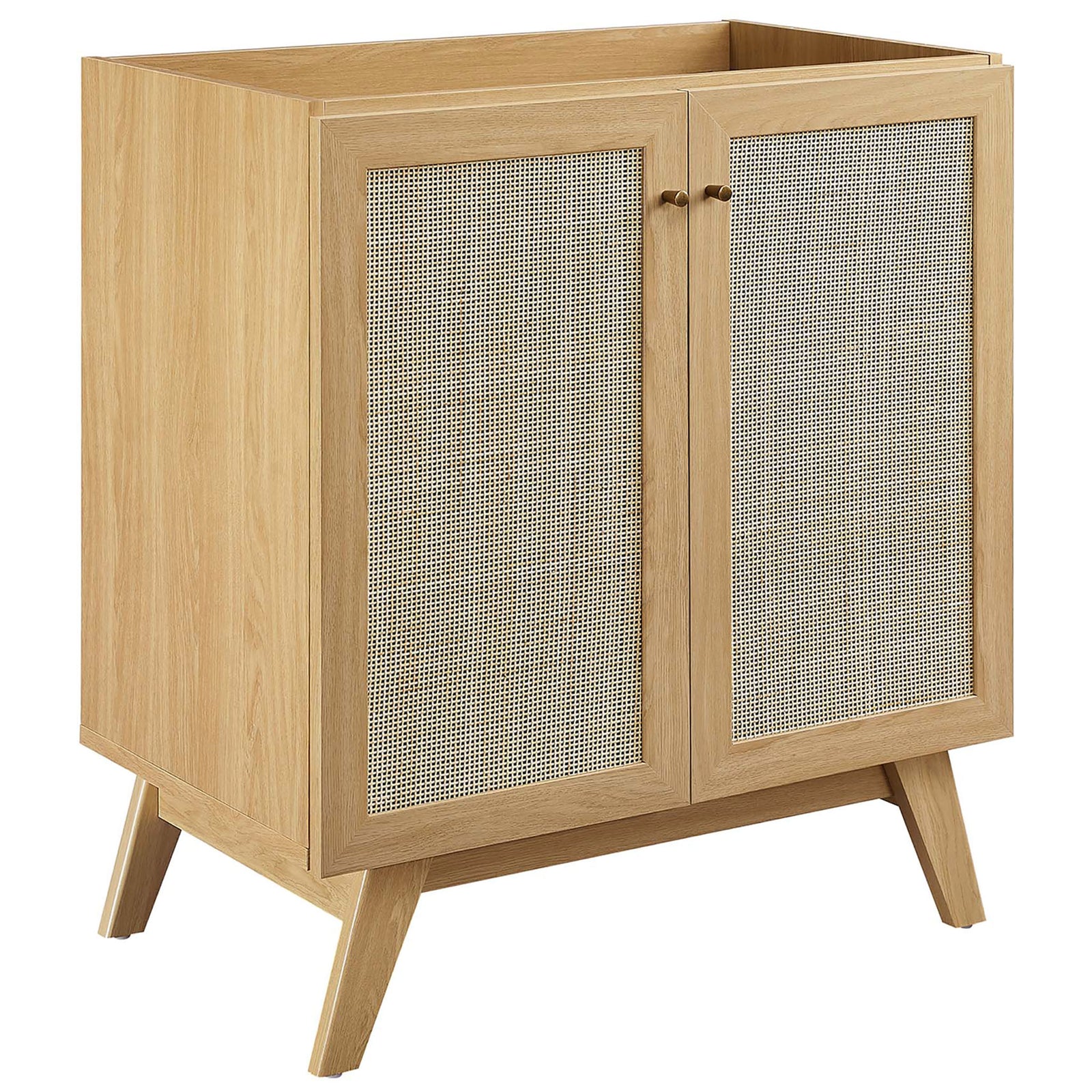 Textured rattan doors framed in oak bring breezy depth to this mid-century vanity cabinet || EEI-6716-OAK-BLK || front_angle_partial_studio
