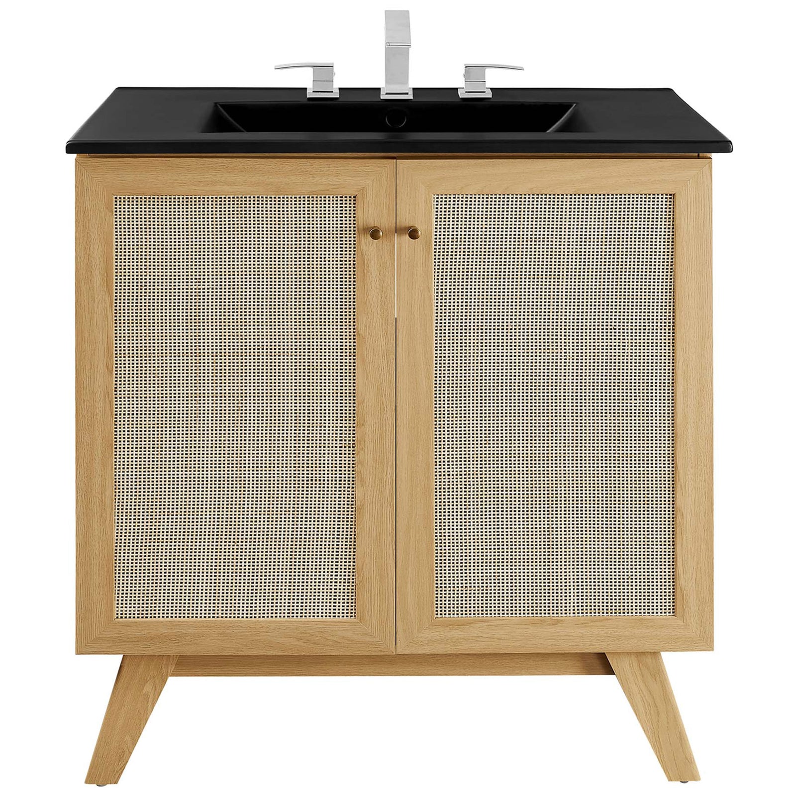 Oak vanity with rattan doors, brushed gold knobs, and a matte black integrated sink for a fresh, modern look || EEI-6716-OAK-BLK || front_studio