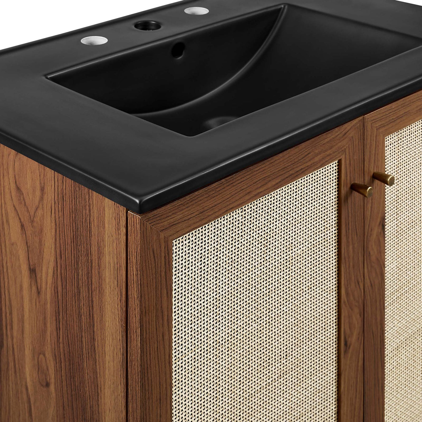 Textured cane panels meet a sculpted black sink top for a refined natural-meets-modern look. || EEI-6716-WAL-BLK || detail_studio