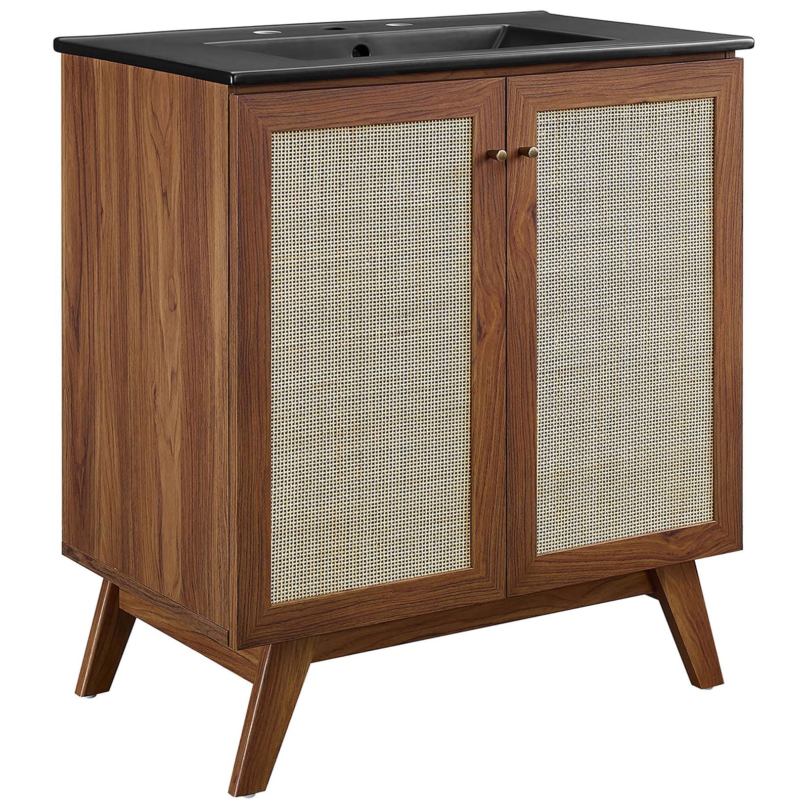 Walnut vanity with rattan doors, black sink top, and gold knobs adds warm mid-century style. || EEI-6716-WAL-BLK || front_angle_studio