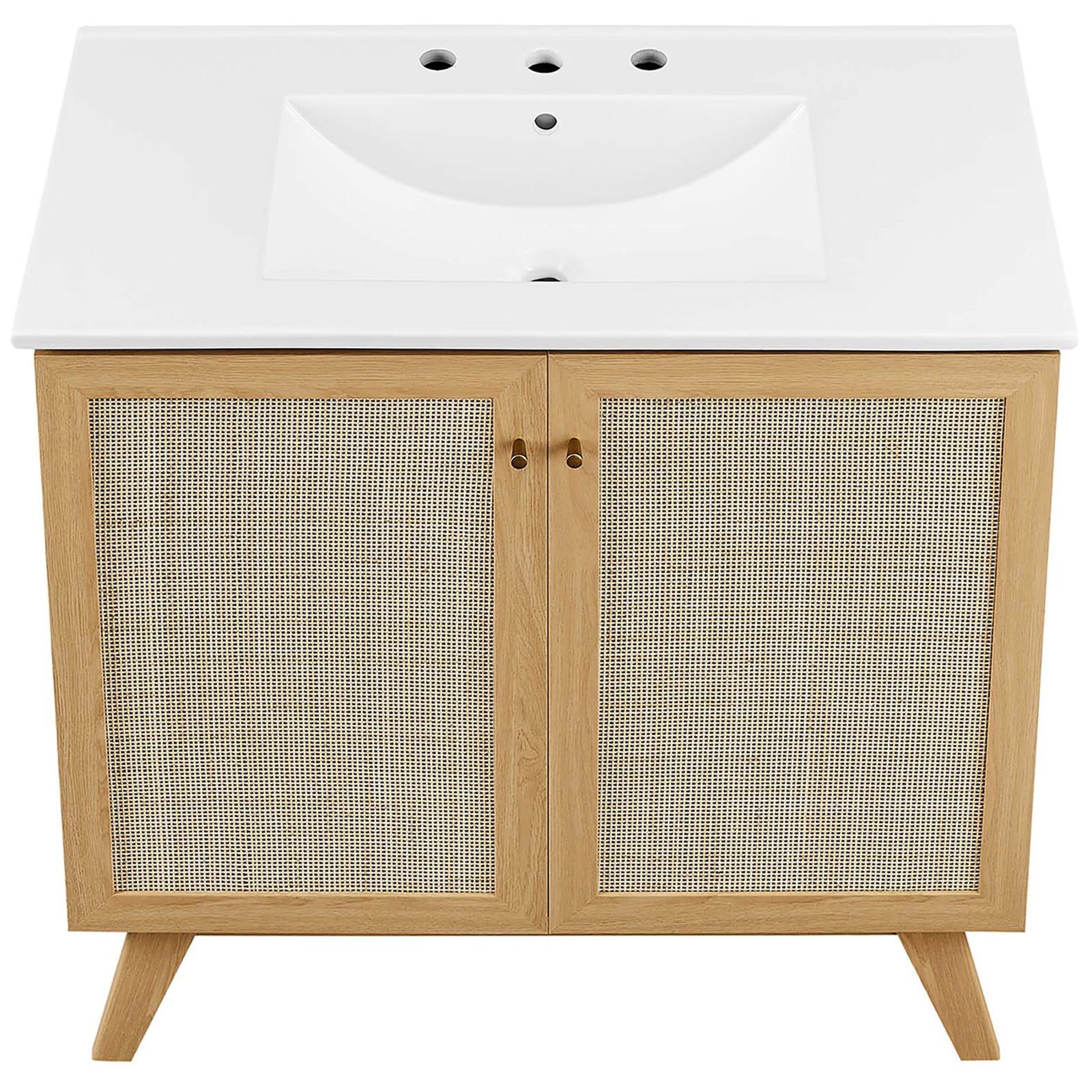 Integrated ceramic top with a roomy, gently curved sink and widespread drilling. || EEI-6717-OAK-WHI || top_studio