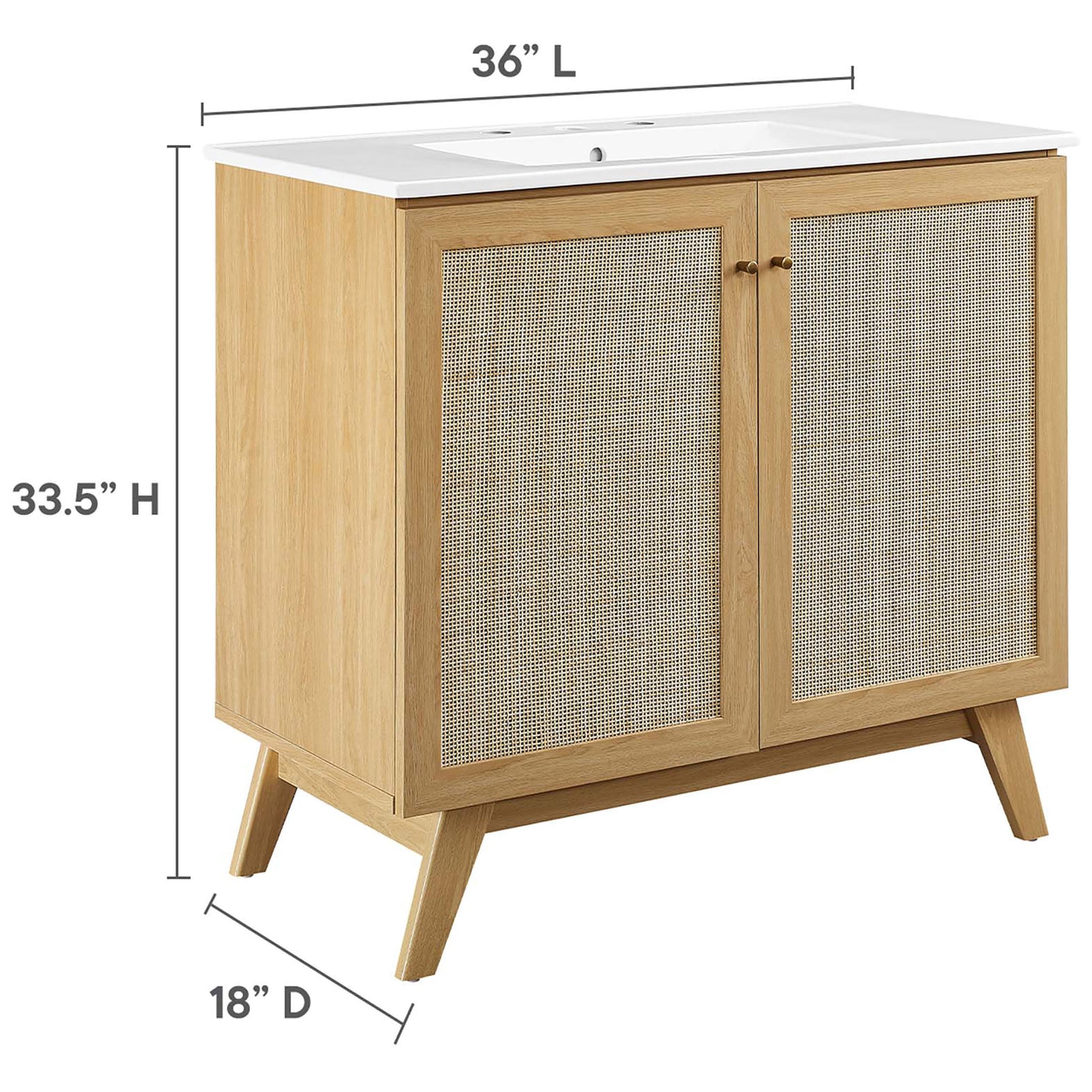 Generous 36 in. W x 33.5 in. H x 18 in. D proportions suit larger bath spaces. || EEI-6717-OAK-WHI || dimension_studio