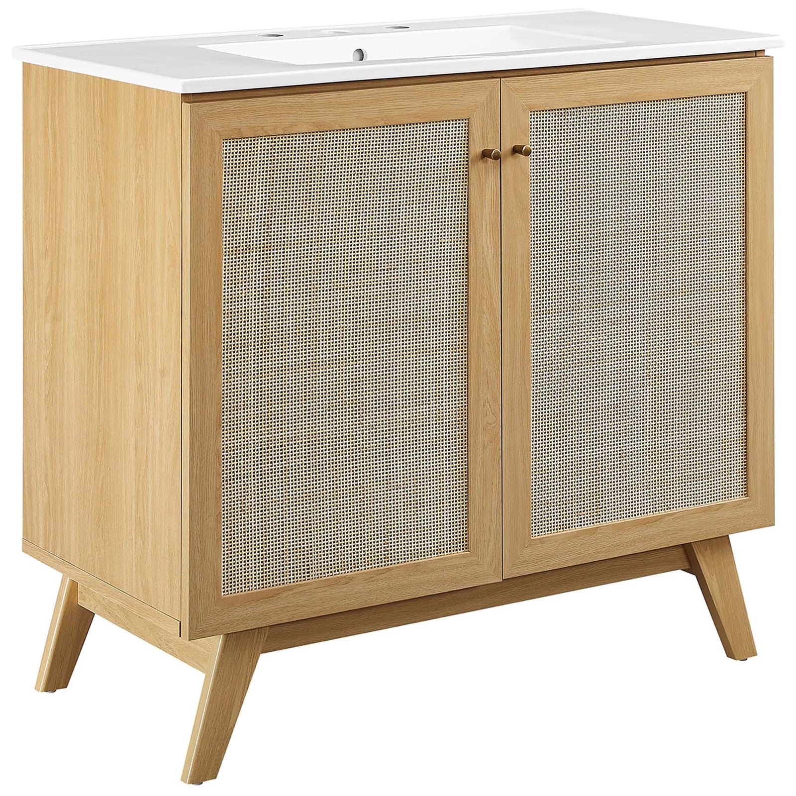 Wider vanity pairs cane doors with a white basin for a breezy, modern look. || EEI-6717-OAK-WHI || front_angle_studio