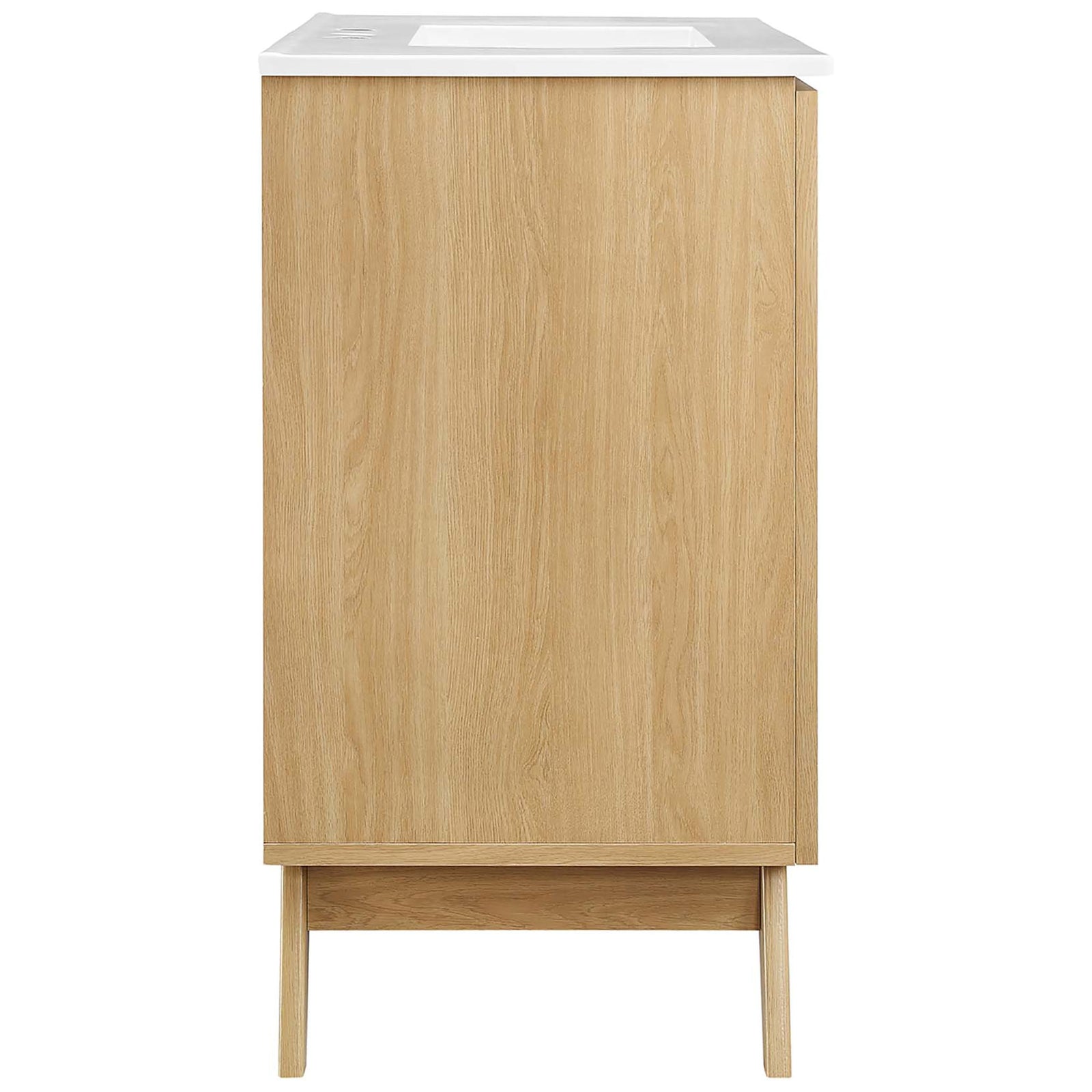 Streamlined silhouette and oak grain finish lend mid-century charm to the vanity. || EEI-6717-OAK-WHI || side_studio