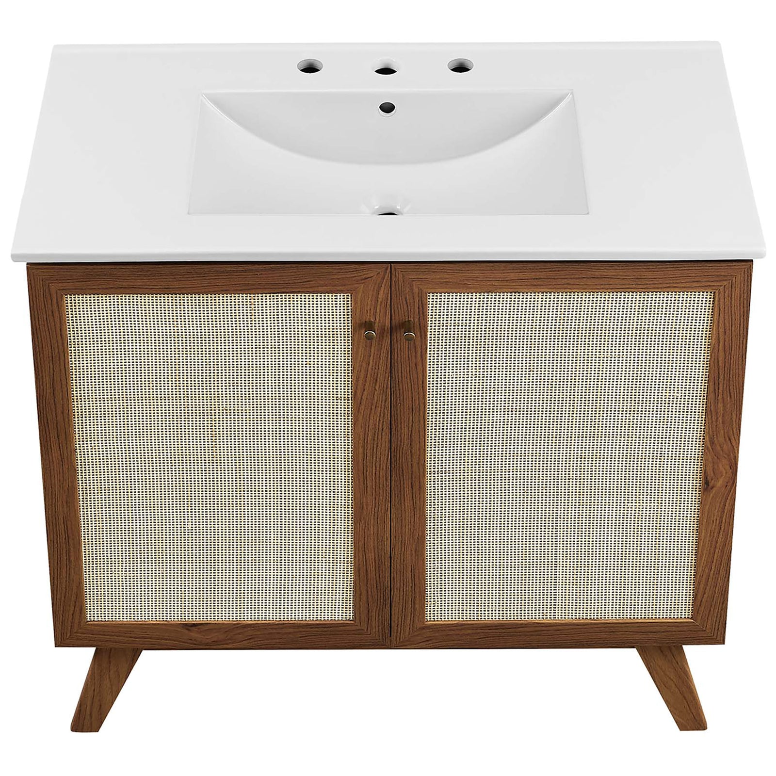 Integrated ceramic countertop with a deep rectangular basin and three faucet holes || EEI-6717-WAL-WHI || top_studio
