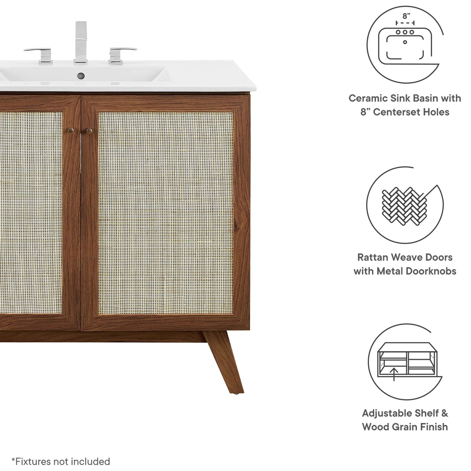 Feature highlights include ceramic sink, rattan doors, and an adjustable interior shelf || EEI-6717-WAL-WHI || callout_studio