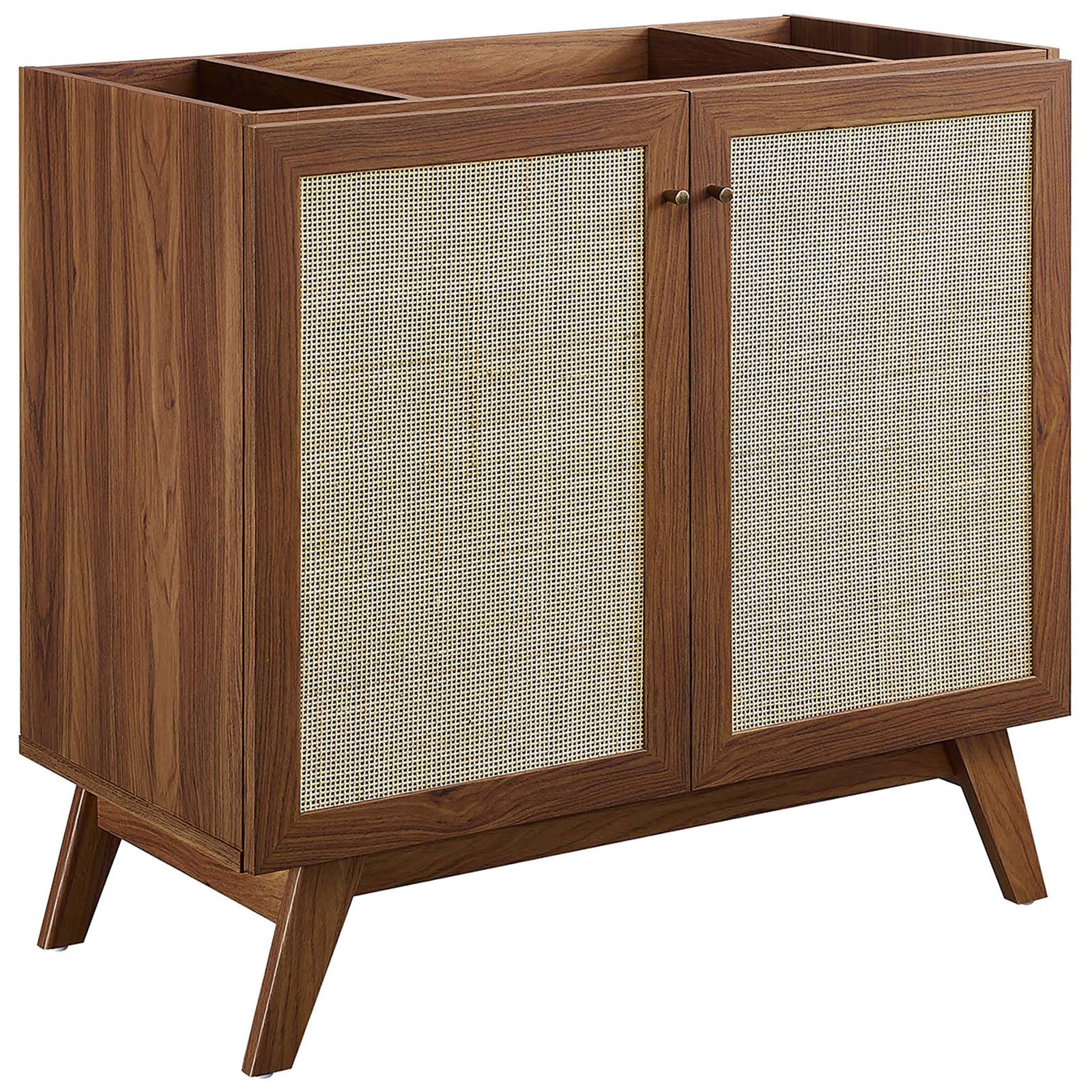 Woven door panels and tapered legs lend effortless mid-century charm || EEI-6717-WAL-WHI || front_angle_partial_studio