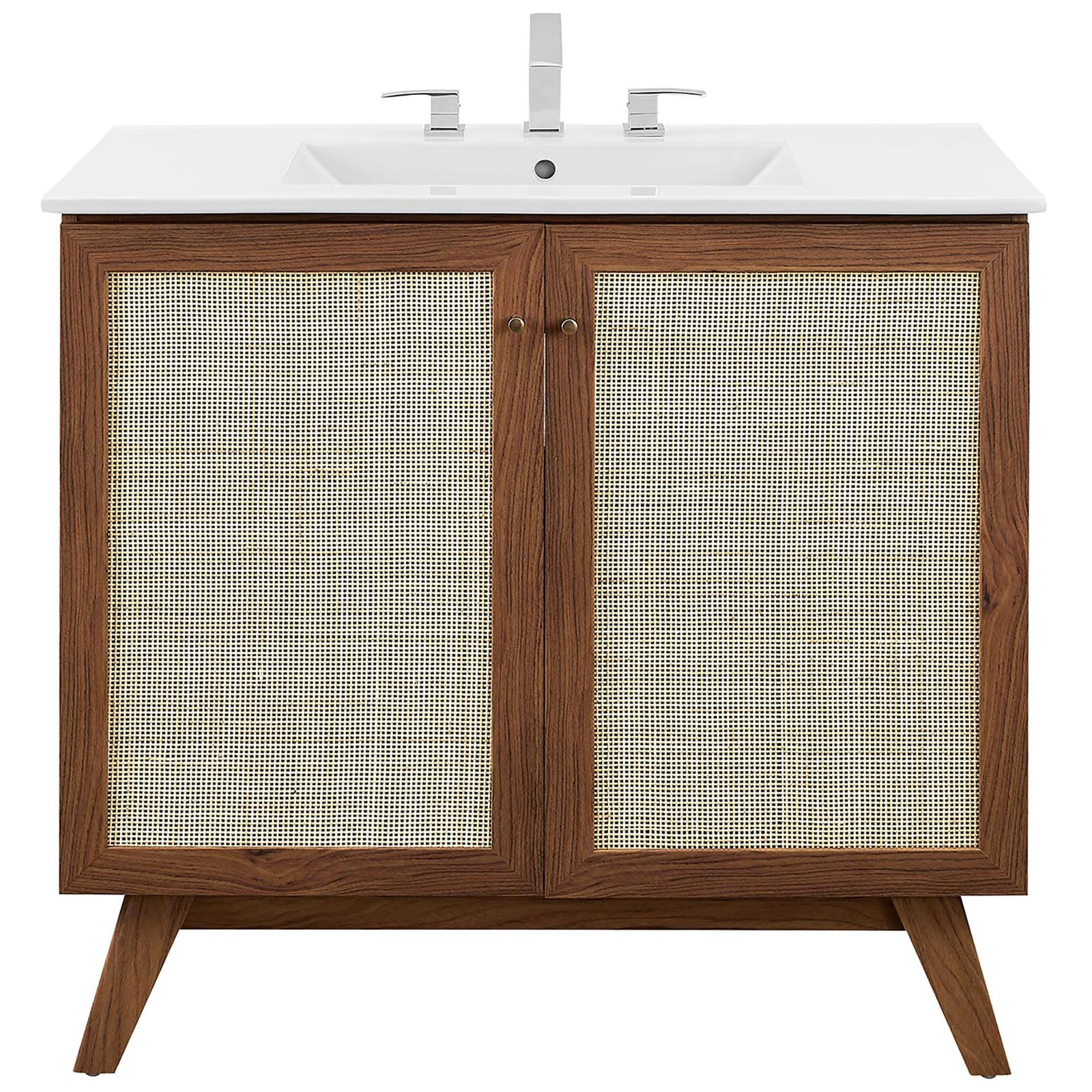 Textured rattan doors and gleaming gold knobs complement the clean sink silhouette || EEI-6717-WAL-WHI || front_studio