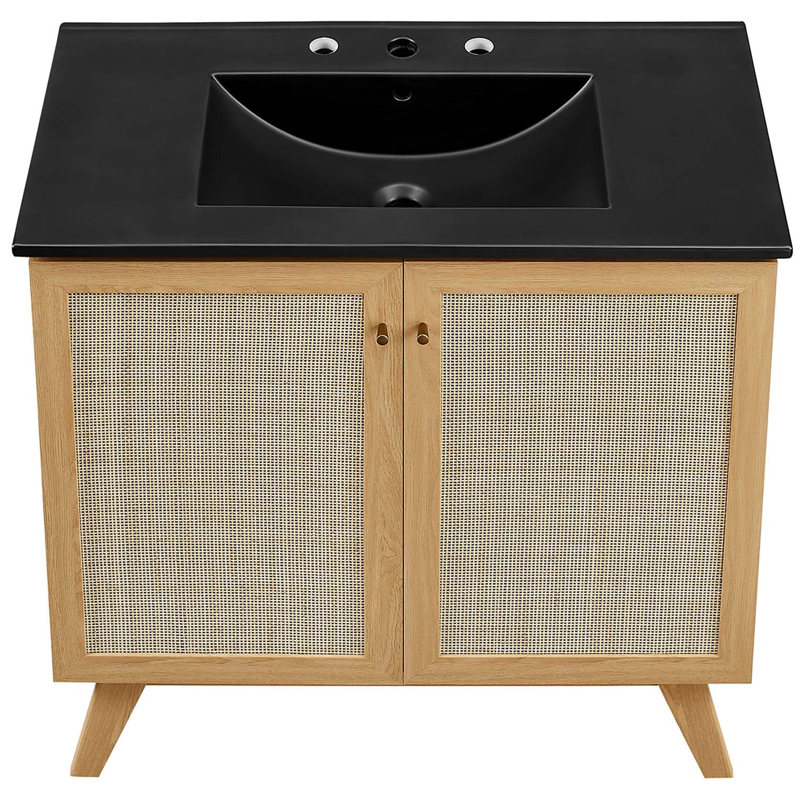 Matte black counter with integrated basin and pre-drilled faucet holes for easy setup || EEI-6718-OAK-BLK || top_studio