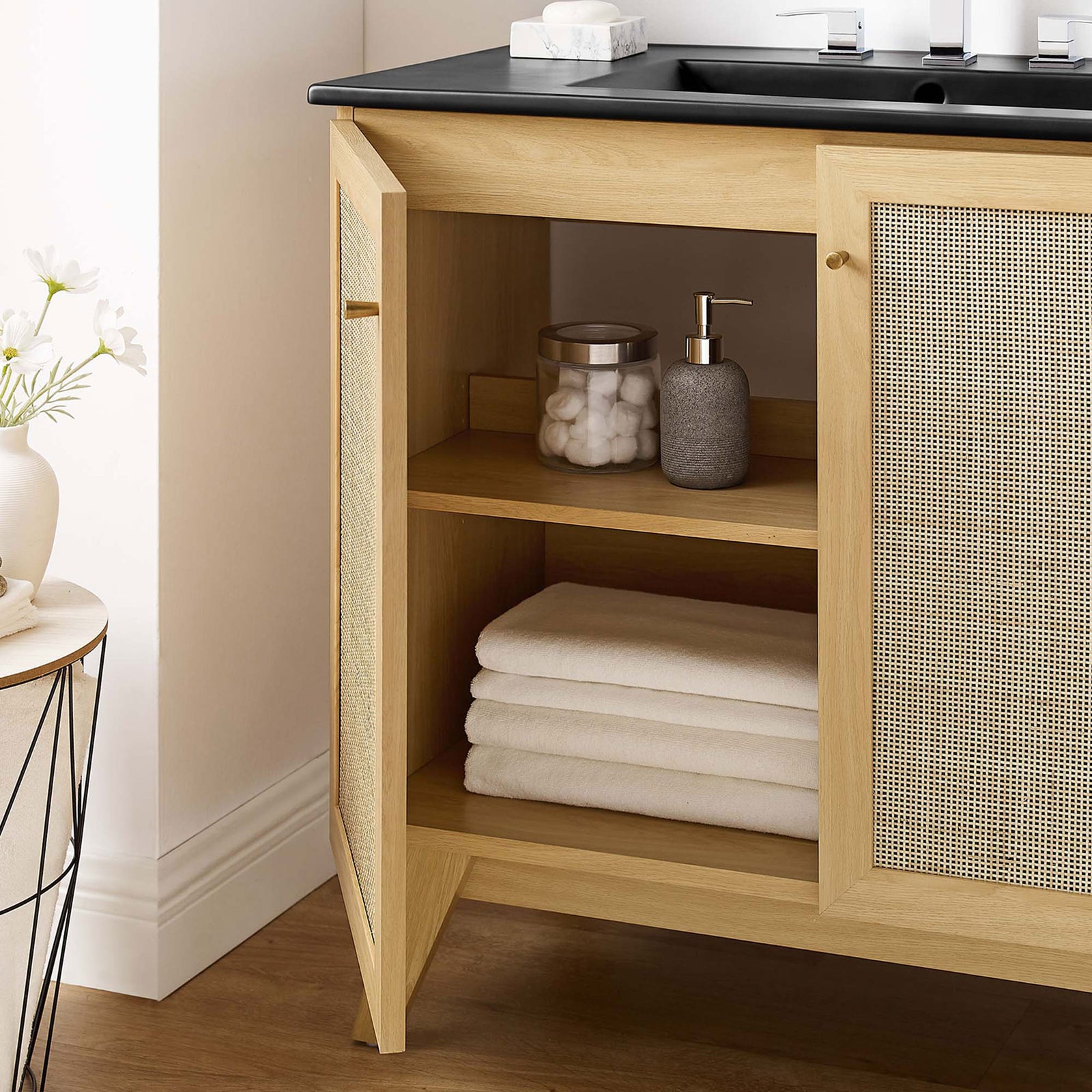 Generous interior with adjustable shelf keeps bath items tidy and within reach || EEI-6718-OAK-BLK || storage_open_room