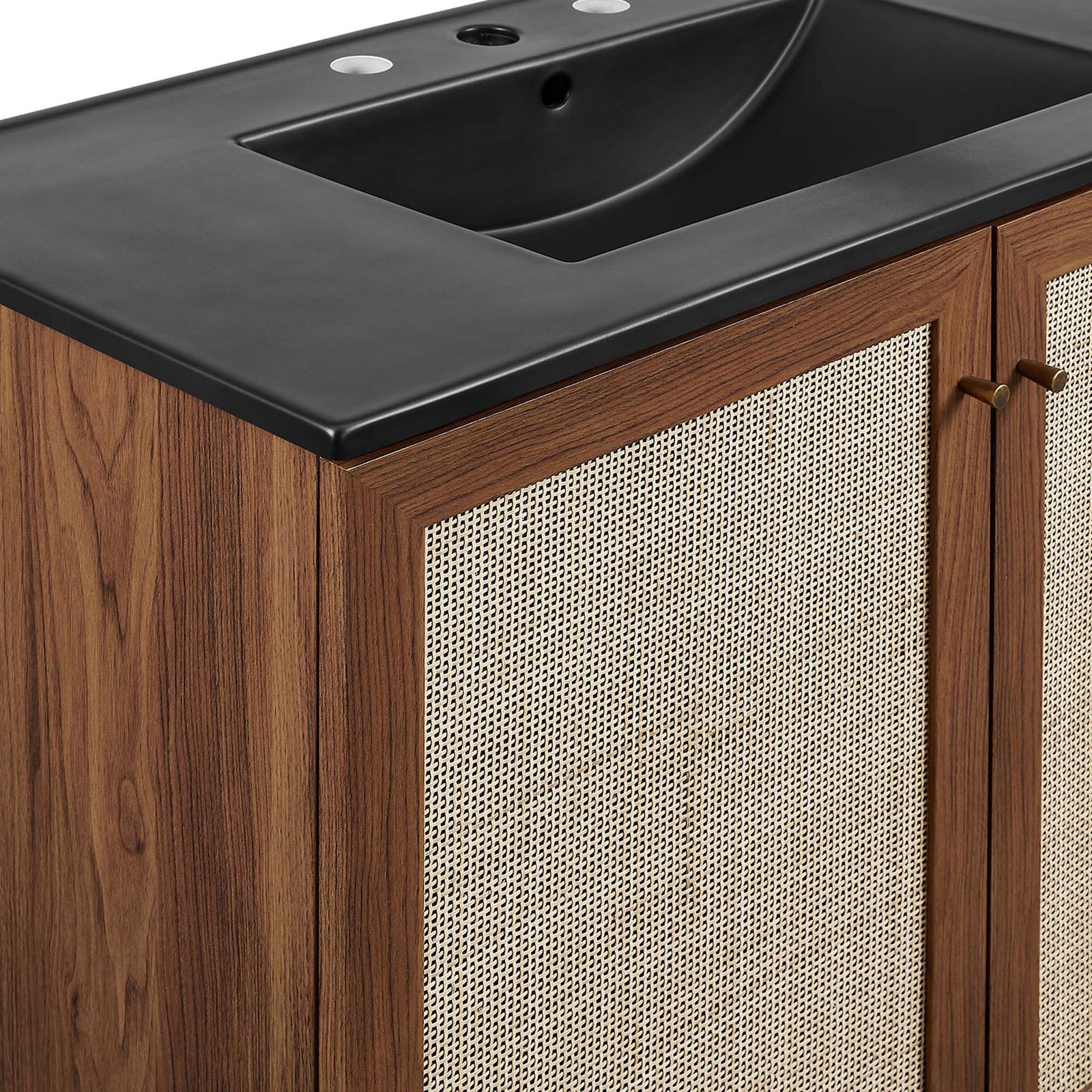 Smooth sink surface pairs with finely woven cane door texture for a tailored look. || EEI-6718-WAL-BLK || detail_studio