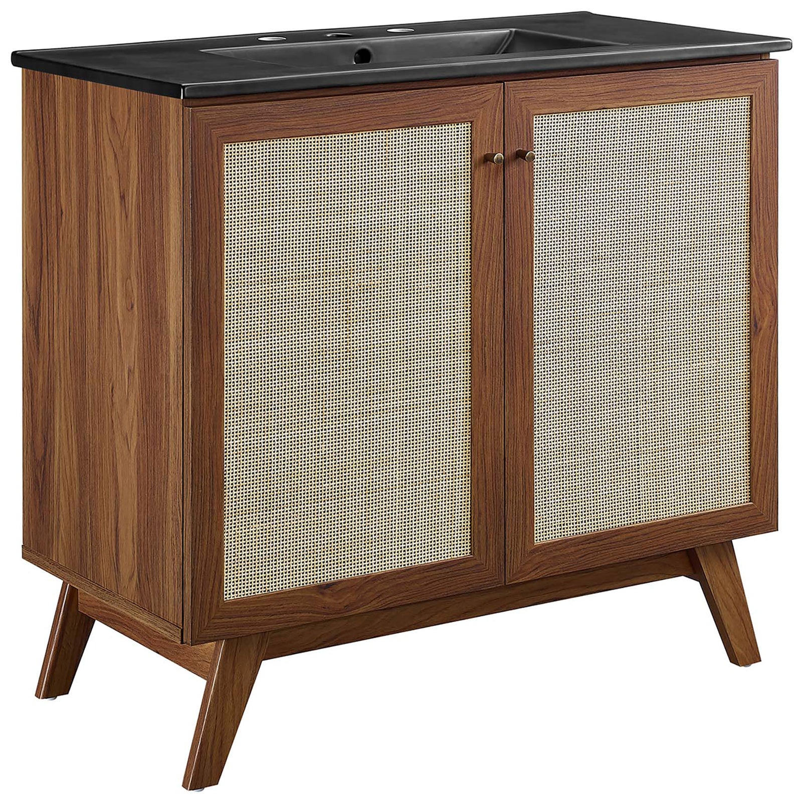 Wide walnut vanity with rattan doors and black sink top offers bold, balanced style. || EEI-6718-WAL-BLK || front_angle_studio