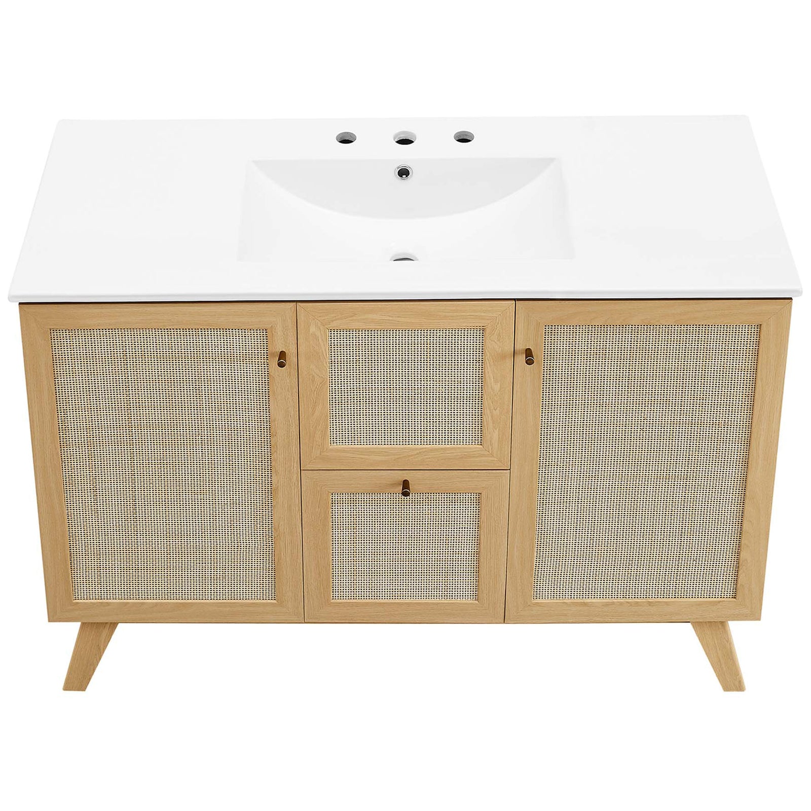 Wide integrated basin and countertop with generous wash area and 8-inch faucet holes || EEI-6719-OAK-WHI || top_studio