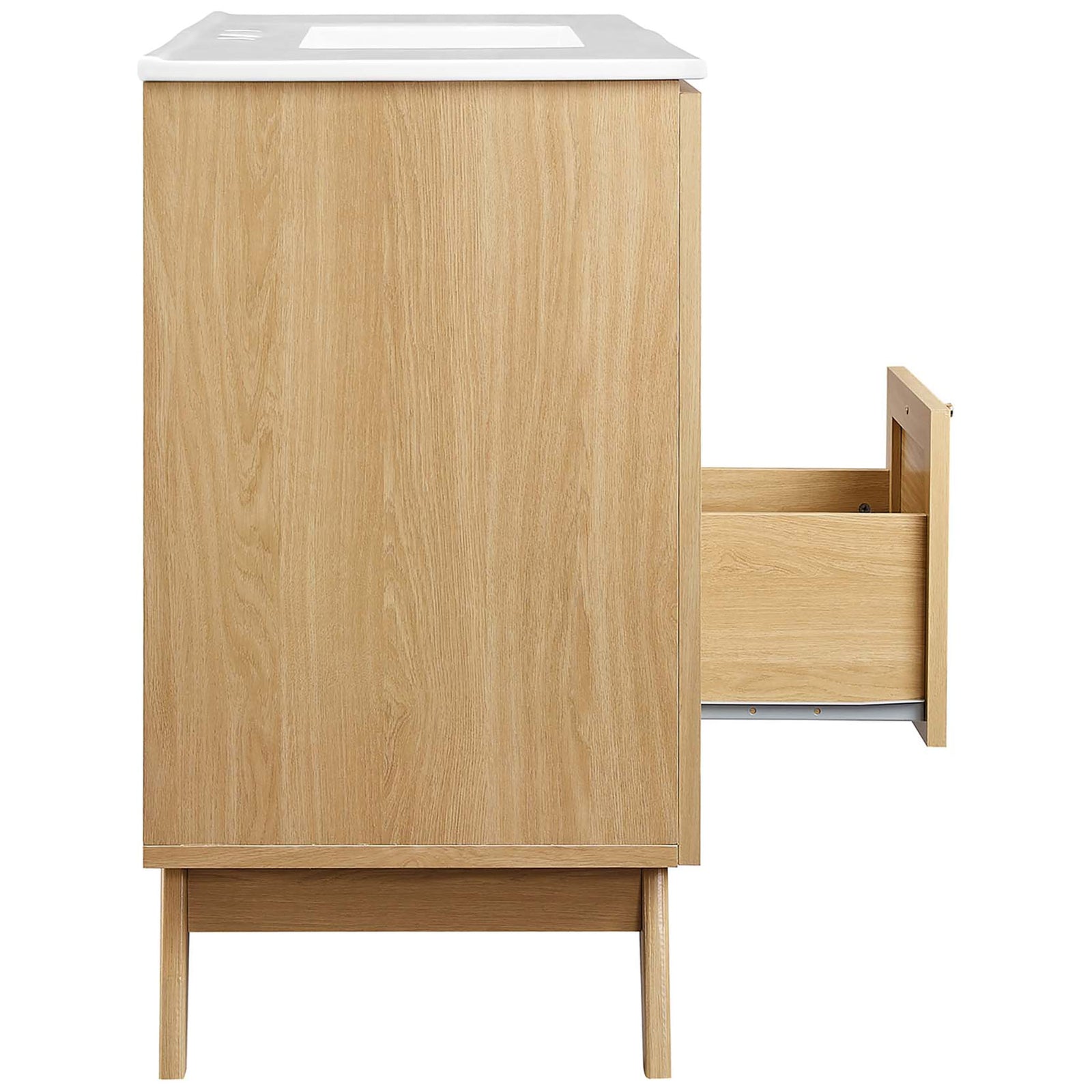 Drawer opens smoothly for accessible, organized bathroom storage || EEI-6719-OAK-WHI || side_open_studio