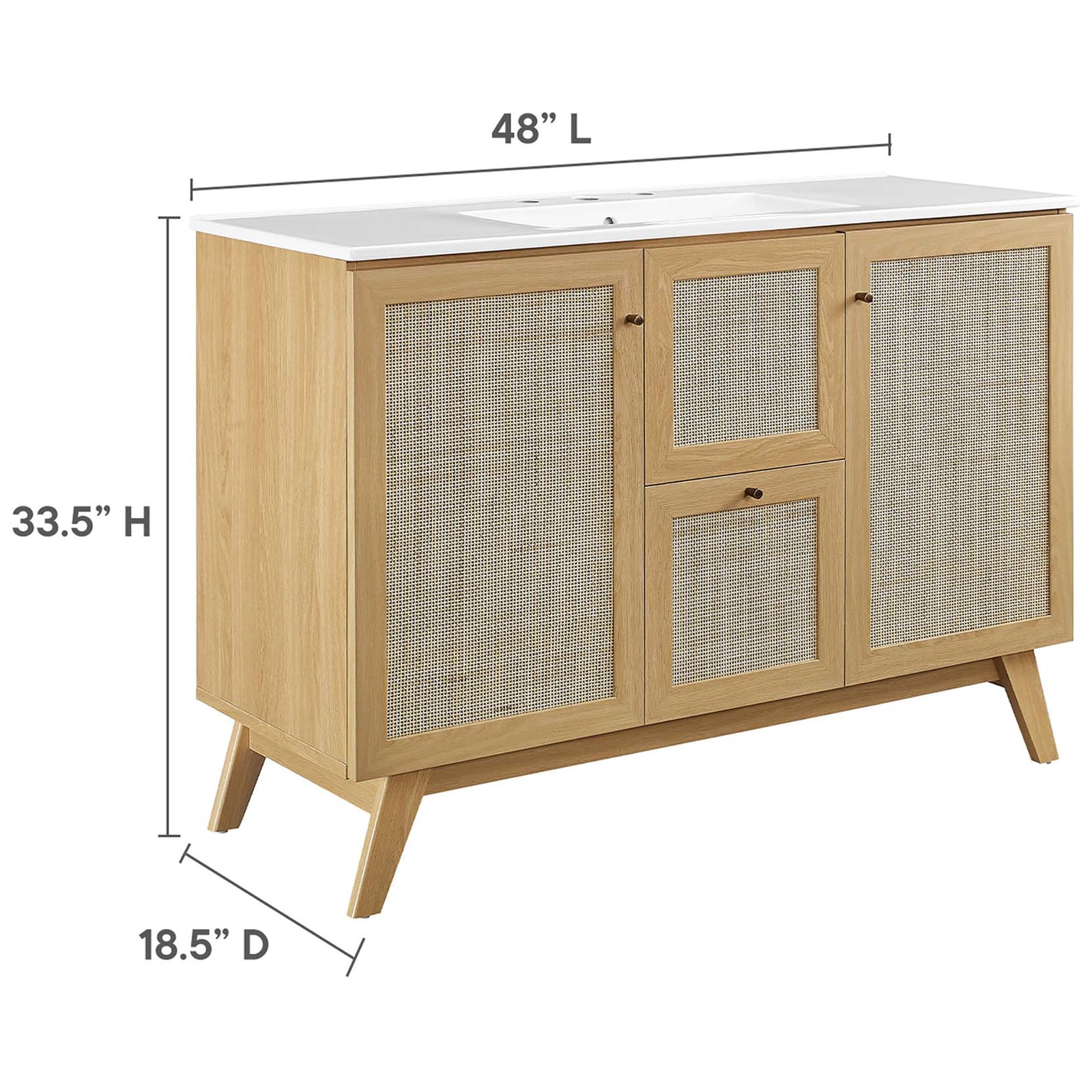 Sized at 48 L x 18.5 D x 33.5 H inches to fit most bathroom layouts || EEI-6719-OAK-WHI || dimension_studio