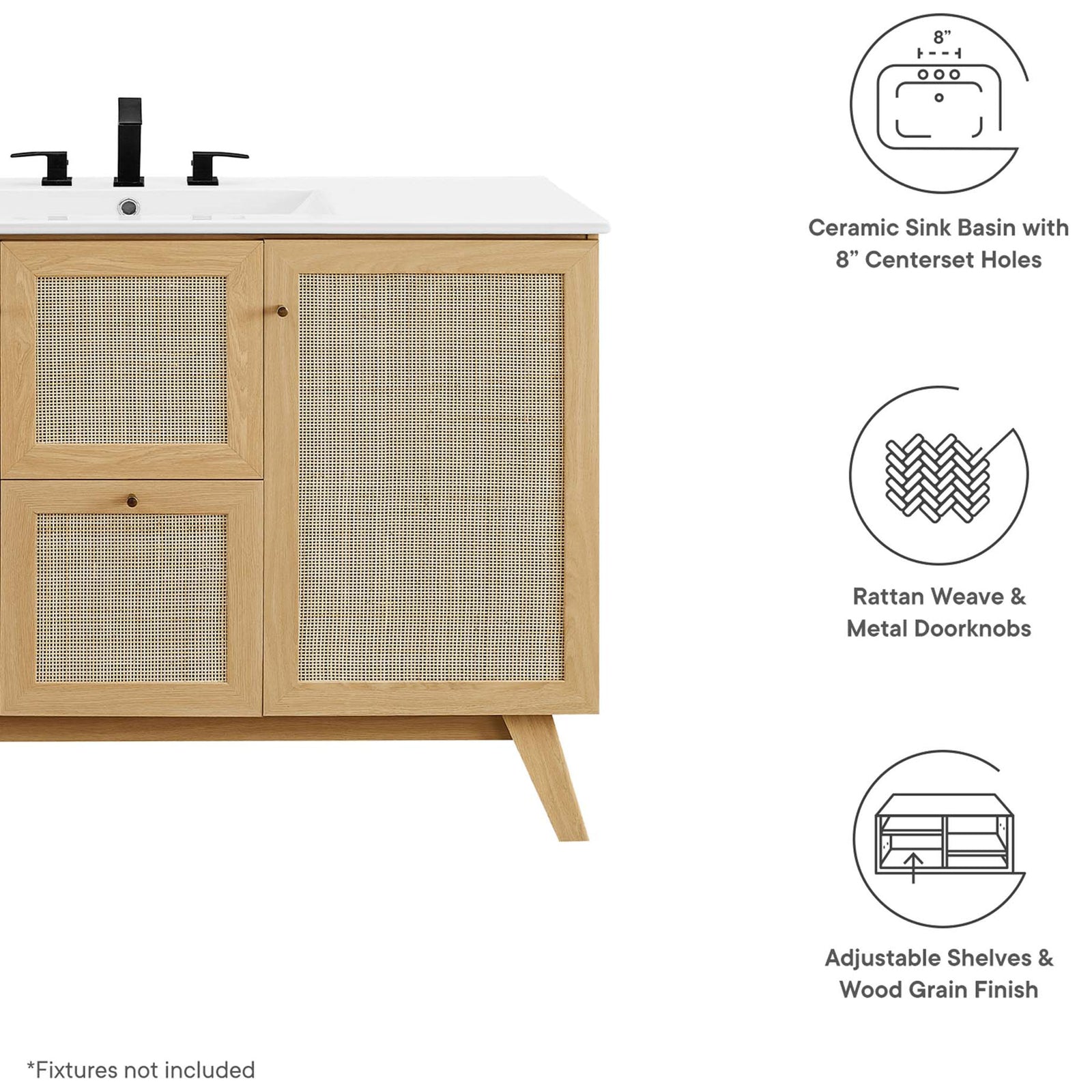 Feature highlights include ceramic sink, rattan weave fronts, adjustable shelves, and metal knobs || EEI-6719-OAK-WHI || callout_studio