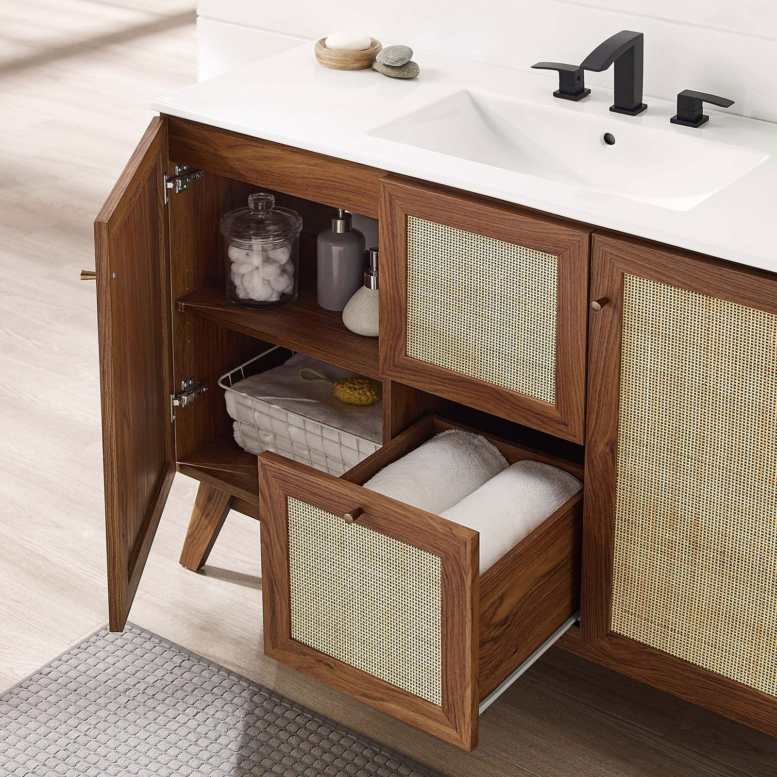 In-bathroom look with open storage revealing towels and toiletries on adjustable shelving || EEI-6719-WAL-WHI || front_angle_open_room