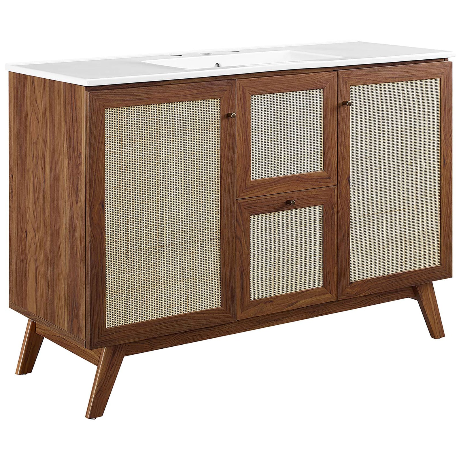 Walnut vanity with rattan-paneled doors and an integrated white sink with widespread holes || EEI-6719-WAL-WHI || front_angle_studio