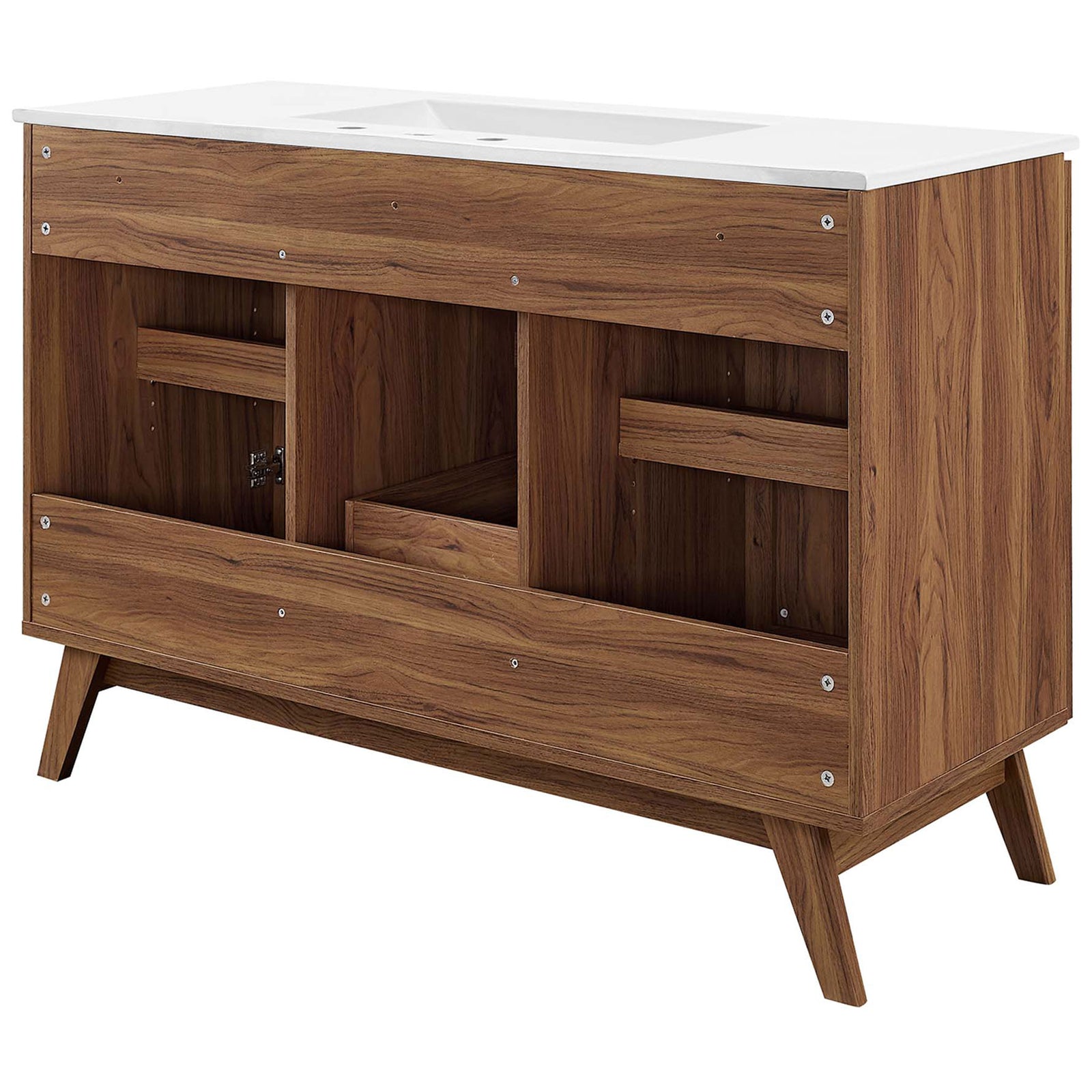 Open back design allows easy plumbing access within a sturdy wood-grain frame || EEI-6719-WAL-WHI || back_angle_studio