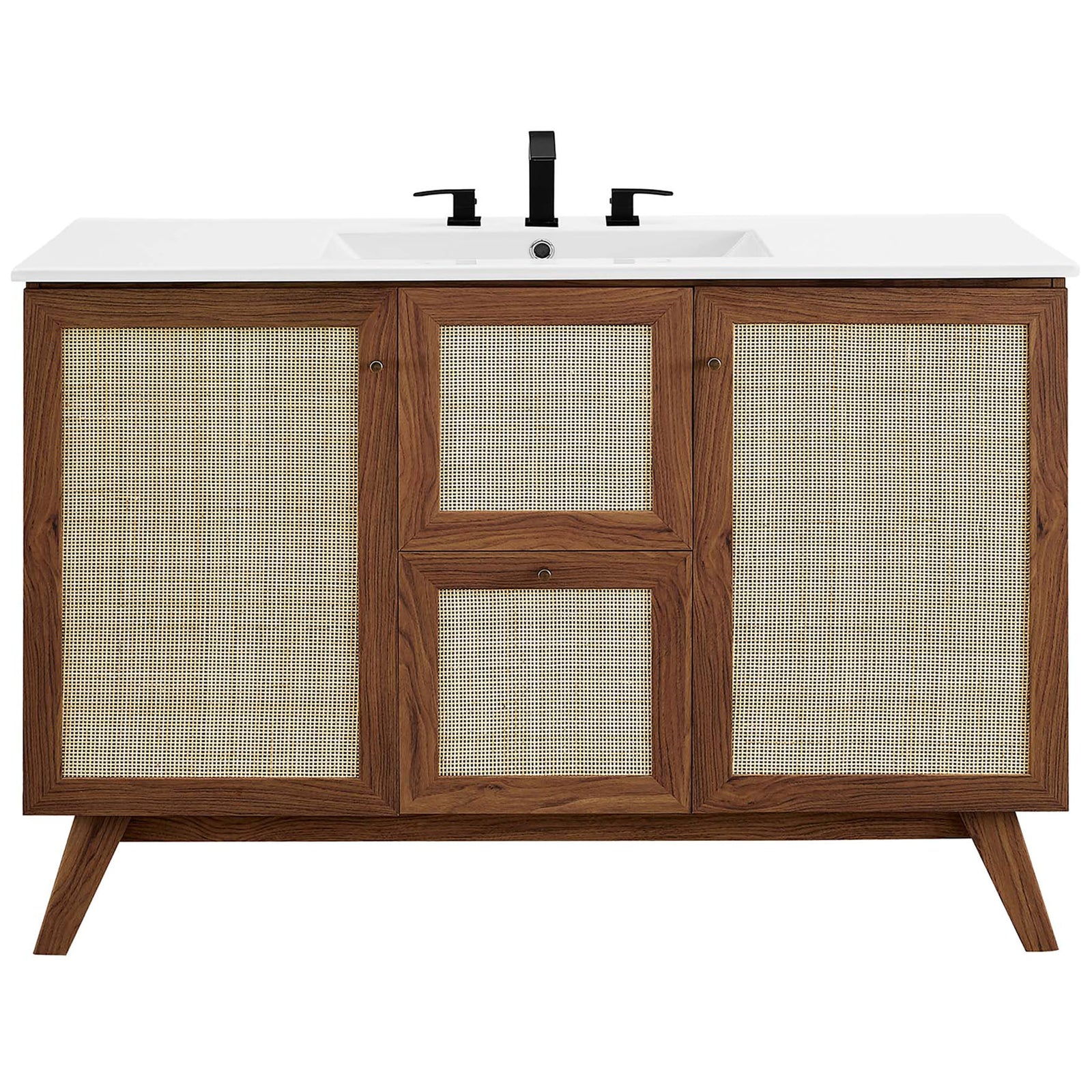 Front view highlighting rattan doors, centered drawers, and an integrated ceramic sink || EEI-6719-WAL-WHI || front_studio