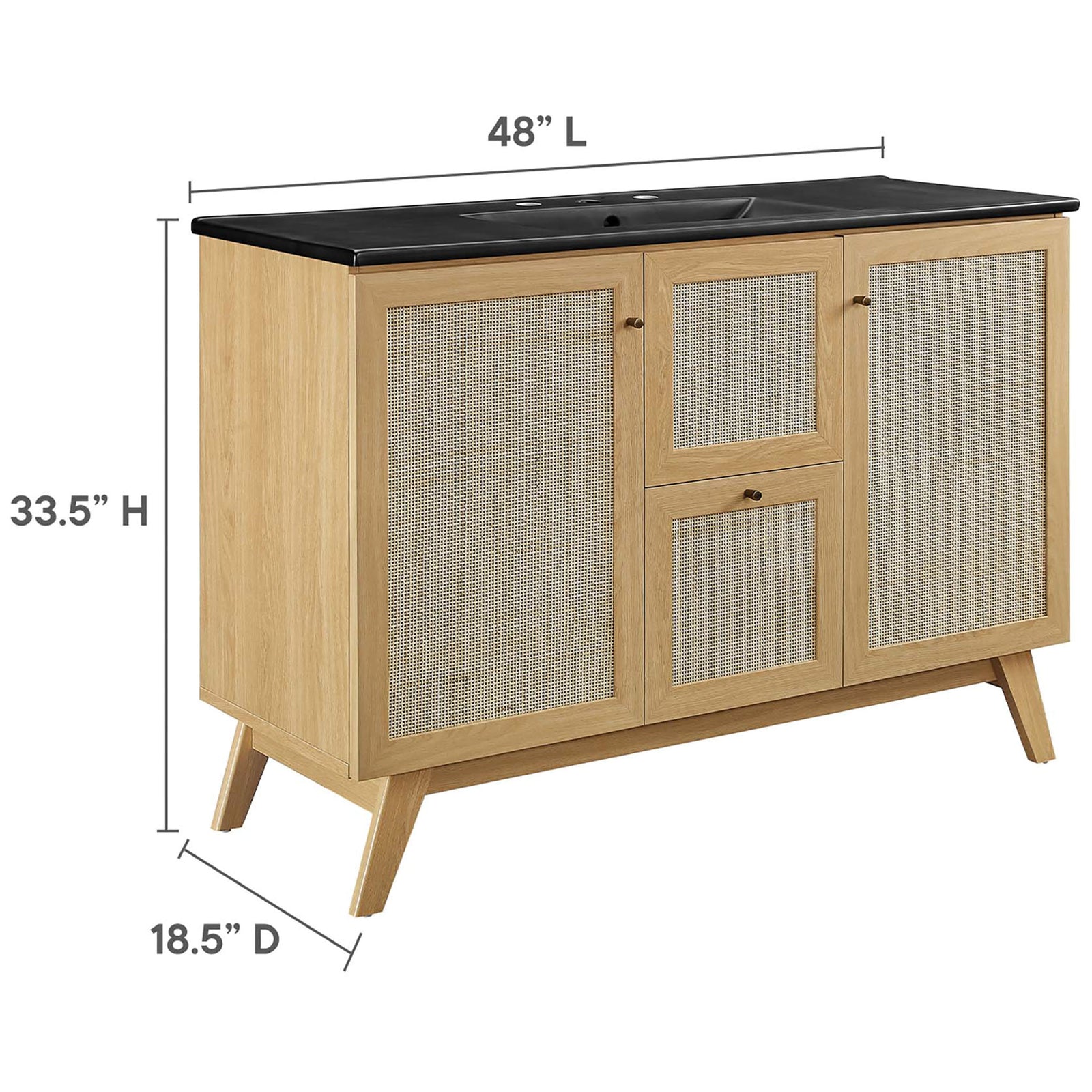 48 inch wide vanity, 18.5 inch deep, and 33.5 inch high with black sink top || EEI-6720-OAK-BLK || dimension_studio