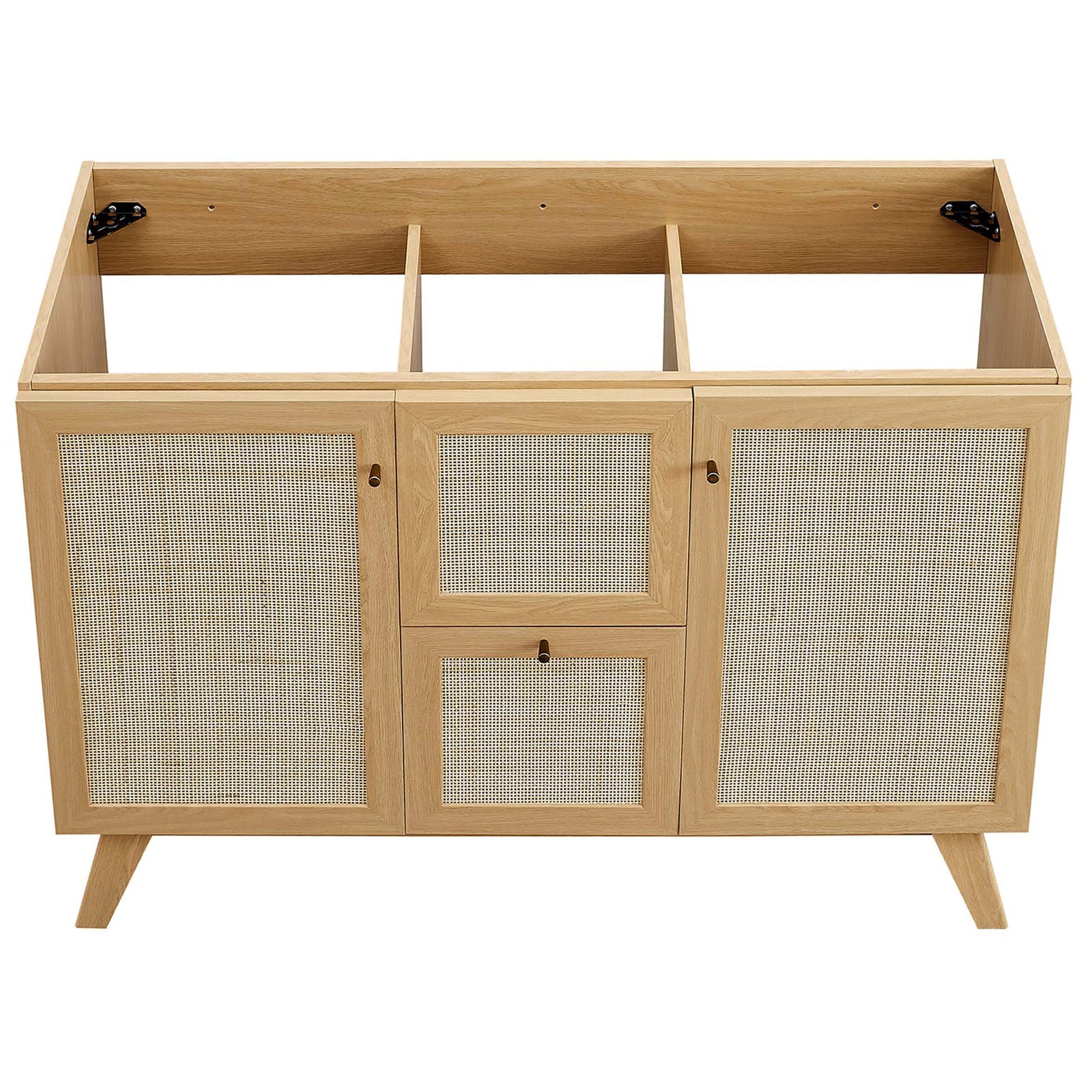 Open cabinet compartments and sturdy dividers ready for sink installation || EEI-6720-OAK-BLK || top_partial_studio