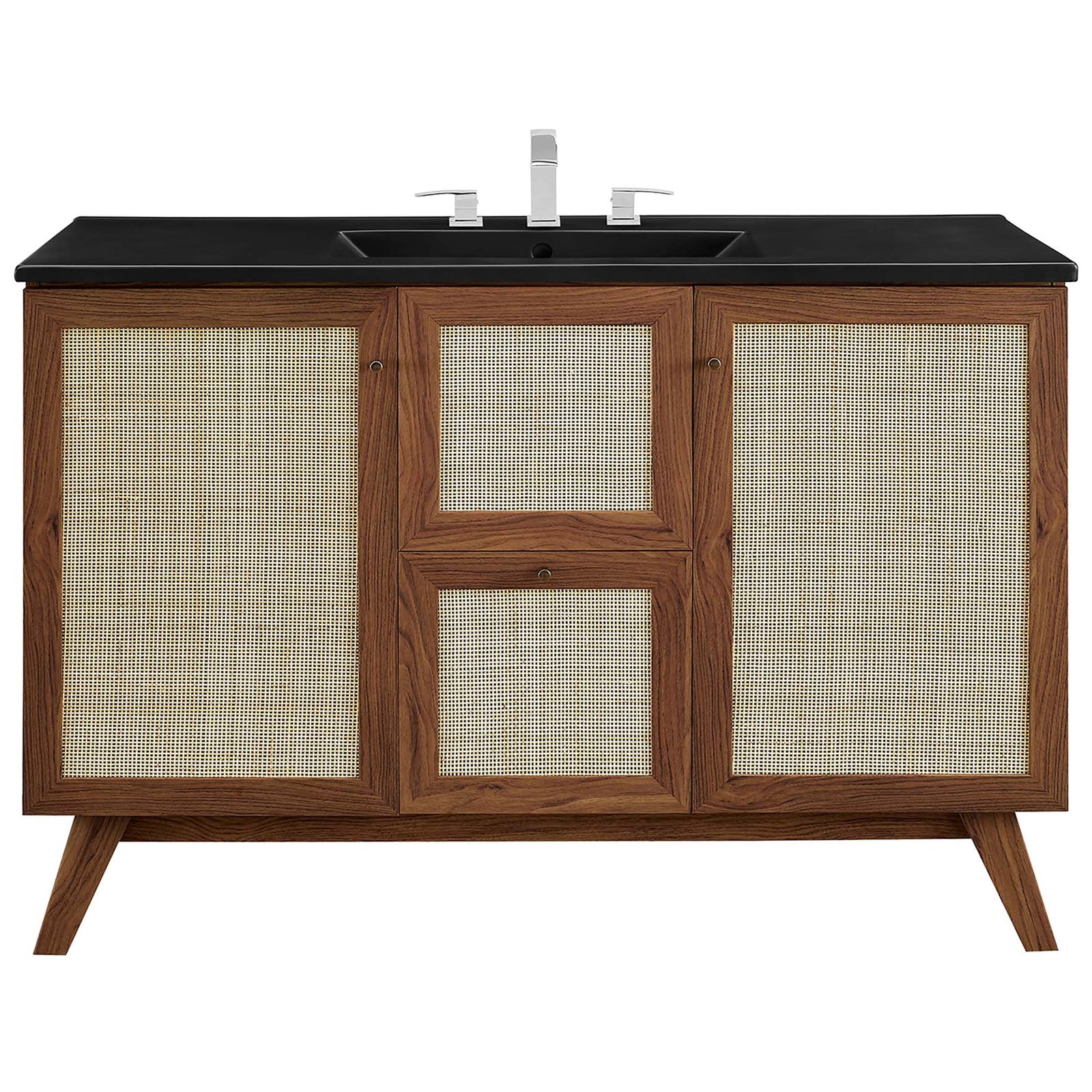 Walnut vanity with rattan doors and matte black integrated sink offers refined, organic style. || EEI-6720-WAL-BLK || front_studio