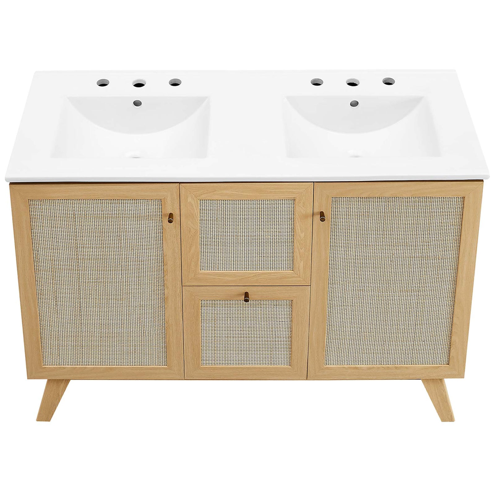 Integrated countertop and twin basins over the oak cabinet || EEI-6721-OAK-WHI || top_studio