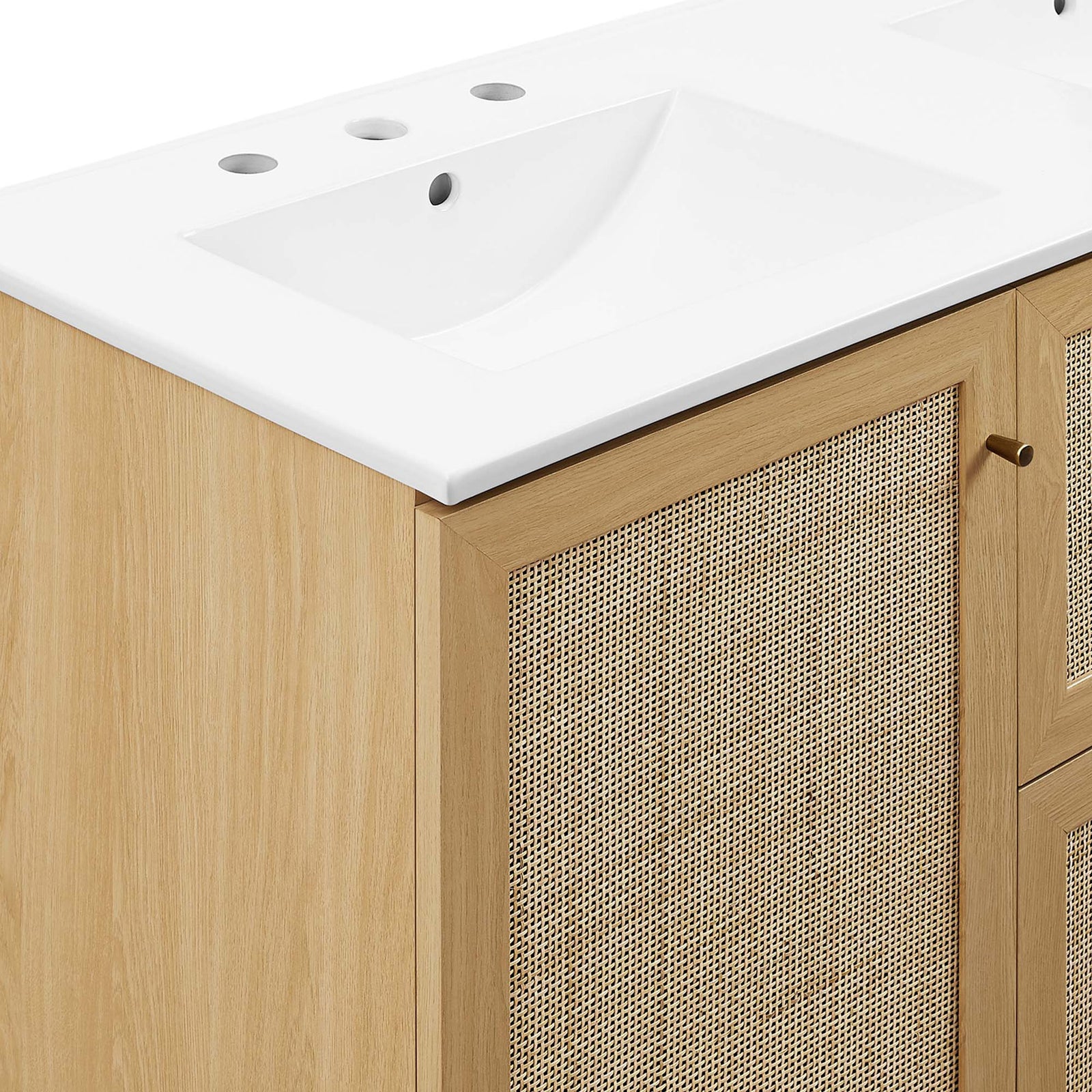 Crisp white top meets woven rattan doors with brushed gold knob || EEI-6721-OAK-WHI || detail_studio