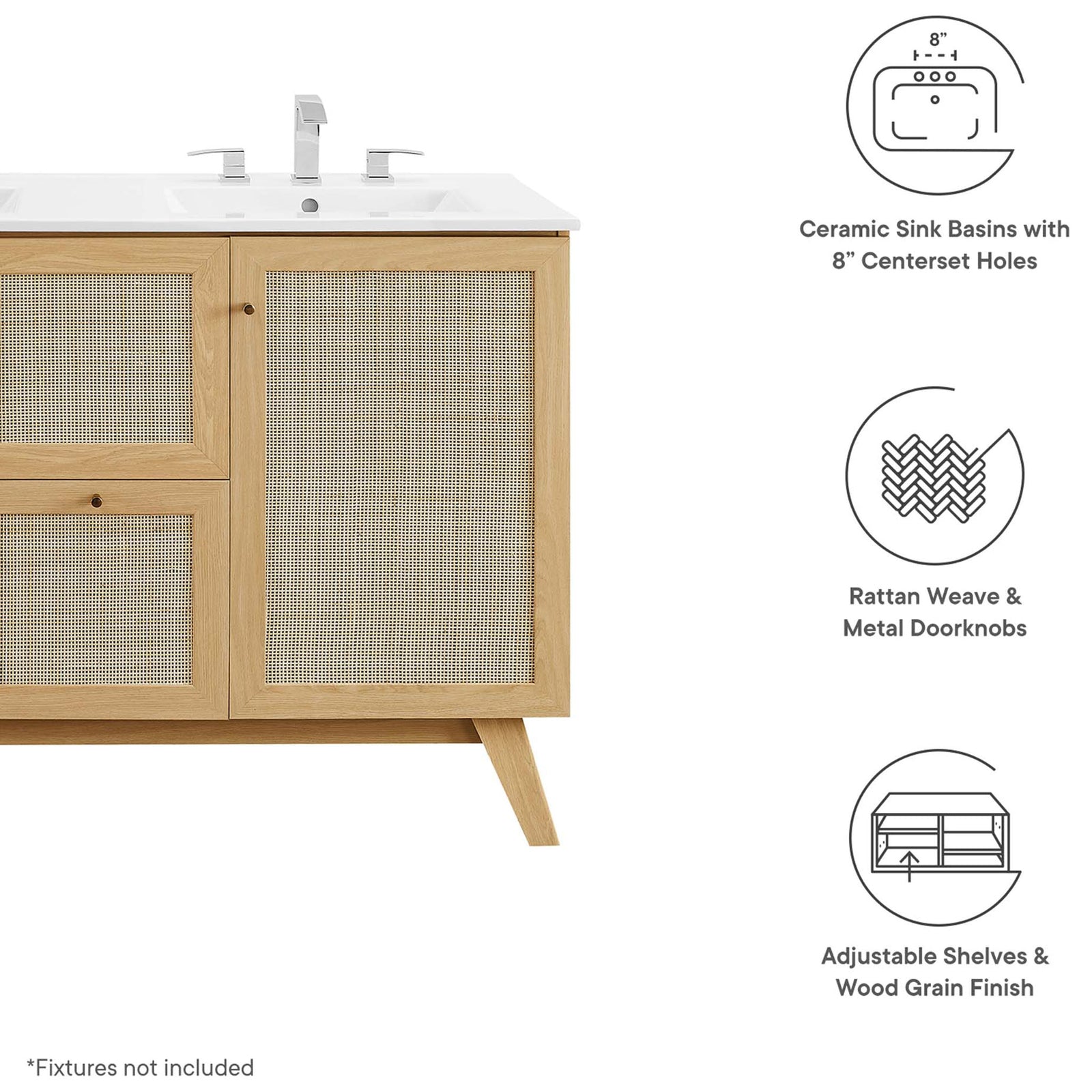 Feature callouts highlighting rattan weave, ceramic basins, and 8-inch widespread holes || EEI-6721-OAK-WHI || callout_studio